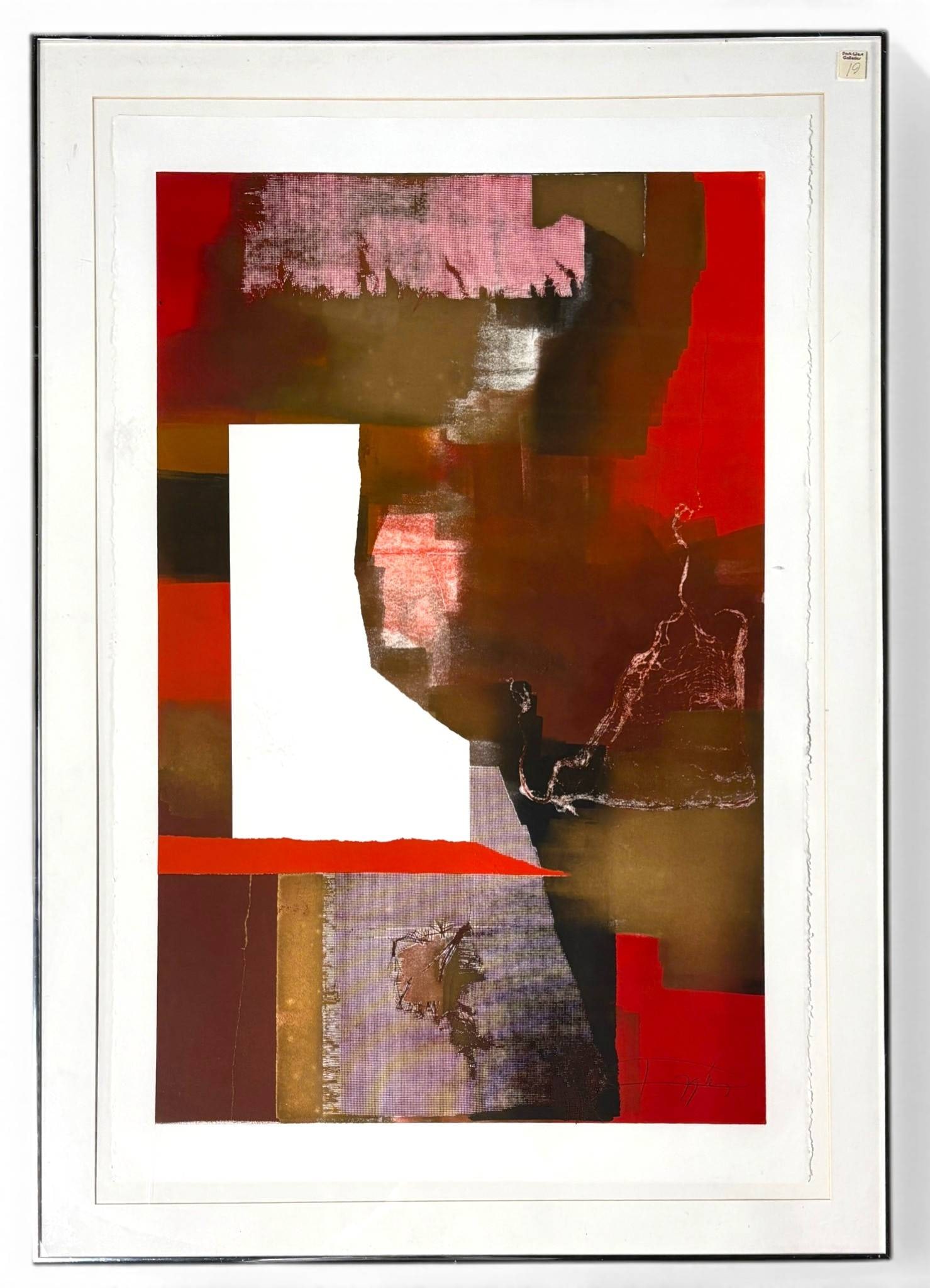 Laszlo Dus Original Monotype Arany Es Voros XV: Original monotype Arany Es Voros XV by Lazlo Dus, signed in the lower right. The artwork exhibits abstract red, gold, and brown hues, highlighting Dus signature style. Professionally matted and framed