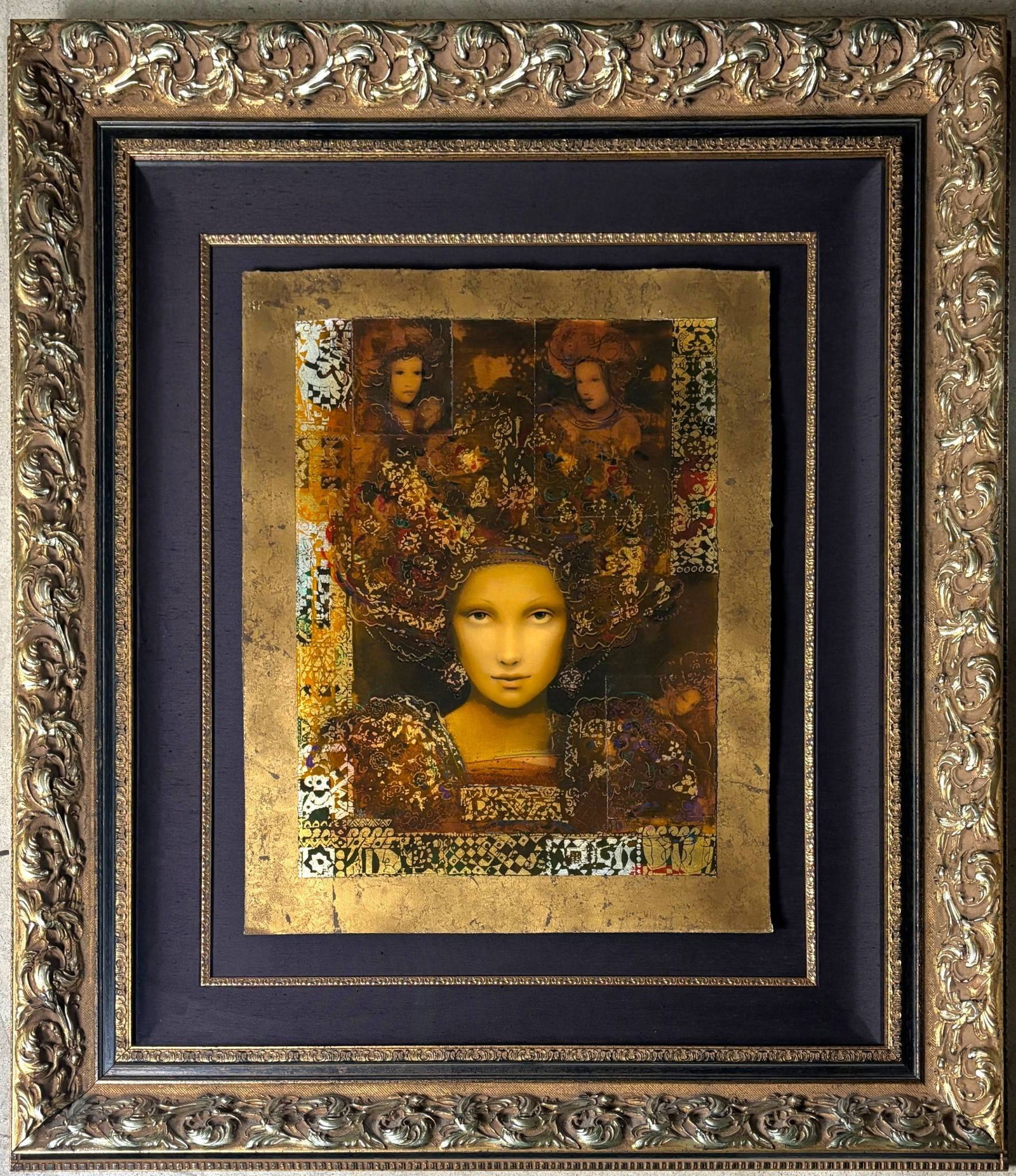 Pannonia Marcus Csaba Signed Limited Edition Serigraph: Limited edition mixed media artwork titled Pannonia. Signed and numbered 118 of 285 in the lower right corner. Features richly detailed composition with vibrant colors, textured elements, and metallic