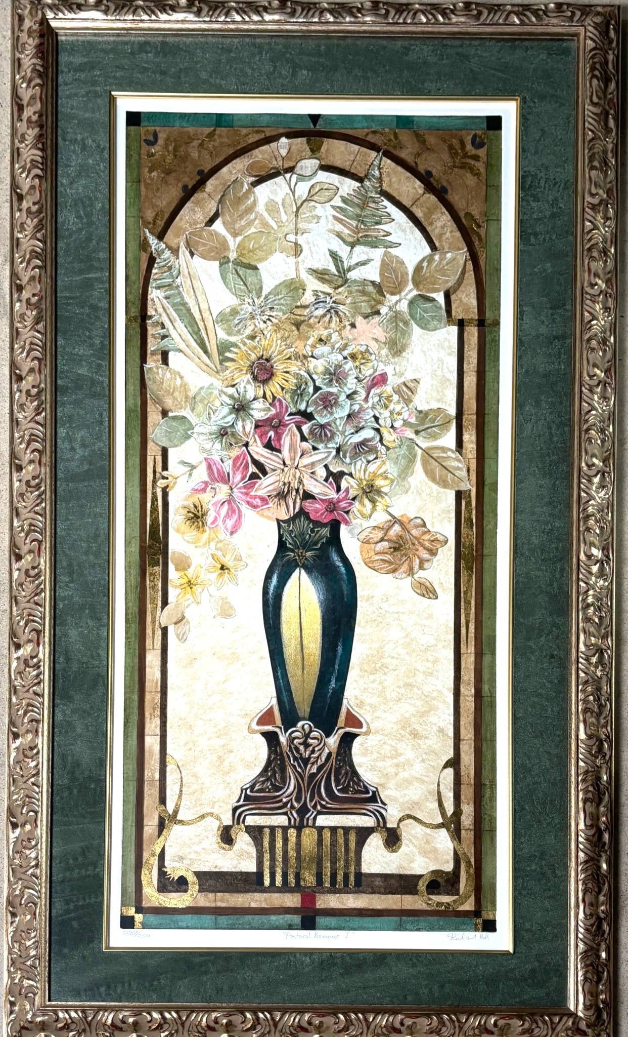 Richard Hall Pastoral Banquet I Signed Giclee with Gilt: Richard Hall Pastoral Banquet I, a limited edition giclee print with hand applied gilt accents. Numbered 237 of 250 and signed by the artist in pencil. Features a floral still life in a dark vase, wit