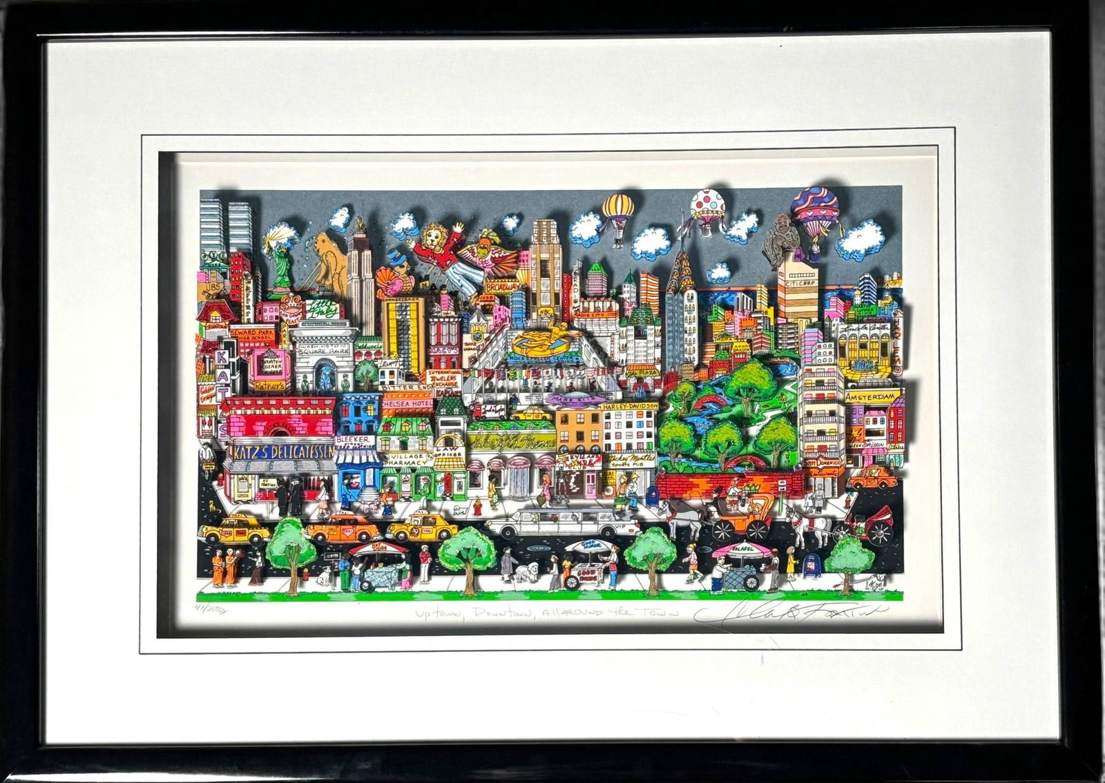 Charles Fazzino Uptown Downtown All Around the Town: Framed three dimensional serigraph by Charles Fazzino titled Uptown Downtown All Around the Town. Features a vibrant depiction of New York City landmarks in Fazzinos signature pop art style, hand sign
