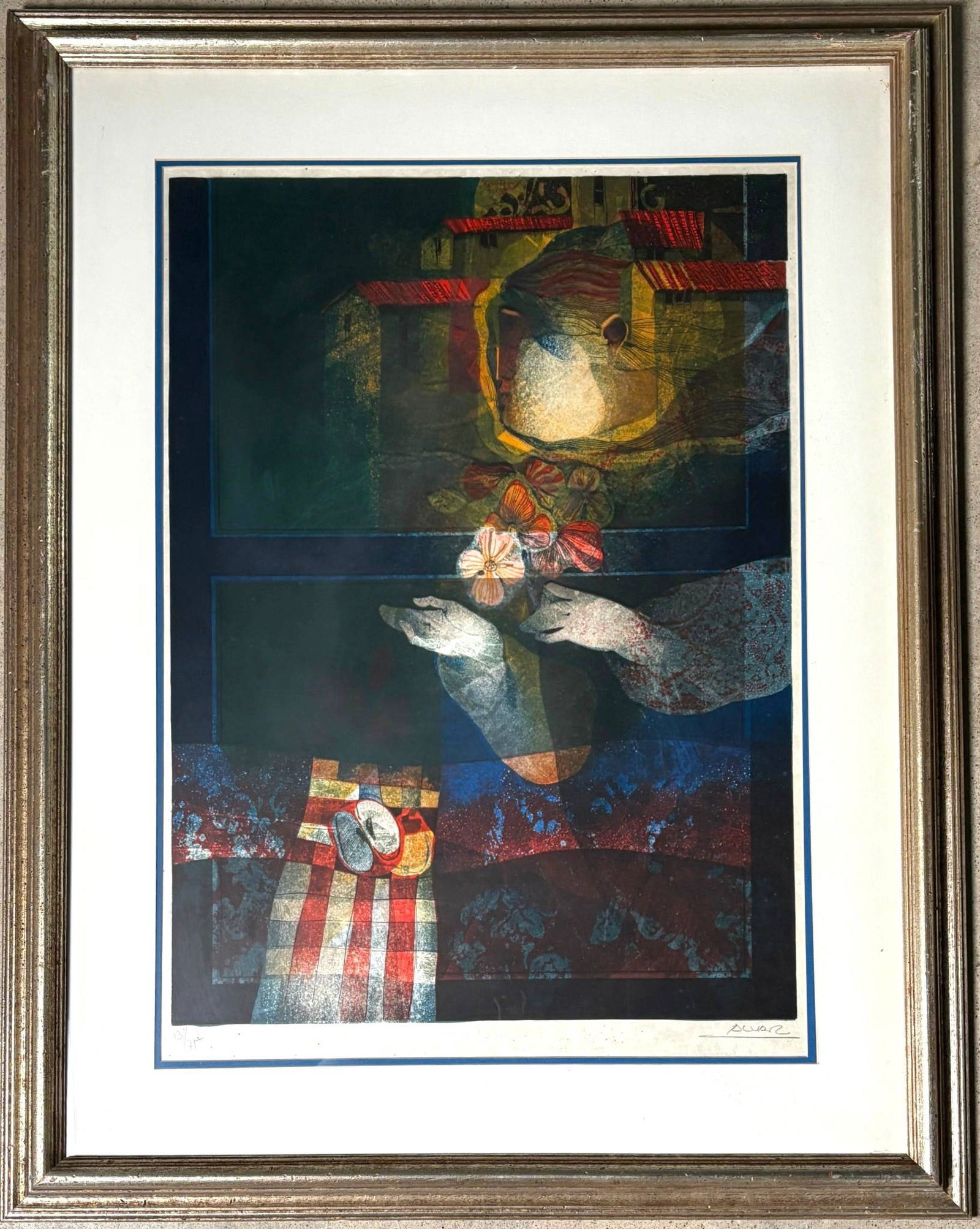 Alvar Sunol Blue Window Original Lithograph with COA: Original lithograph titled Blue Window by Alvar Sunol, signed by the artist in pencil on the lower right. Includes Certificate of Authenticity issued by Park West Galleries. Framed in a silver tone wo