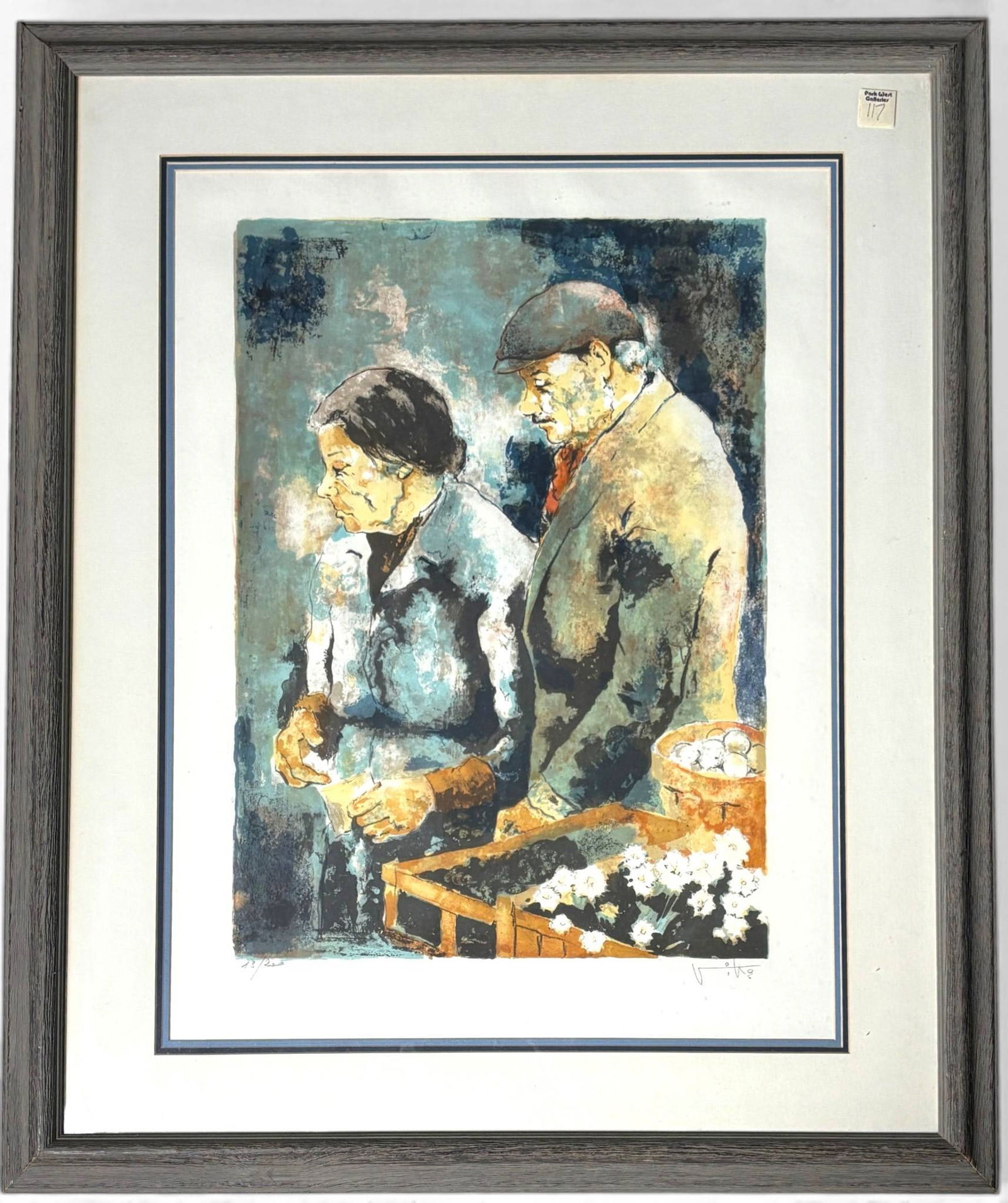 Victor Viko The Couple Framed Lithograph with COA: Framed lithograph titled The Couple by artist Victor Viko, portraying a man and woman in a contemplative scene with a muted color palette. Signed by the artist in the lower edge of the artwork. Frame