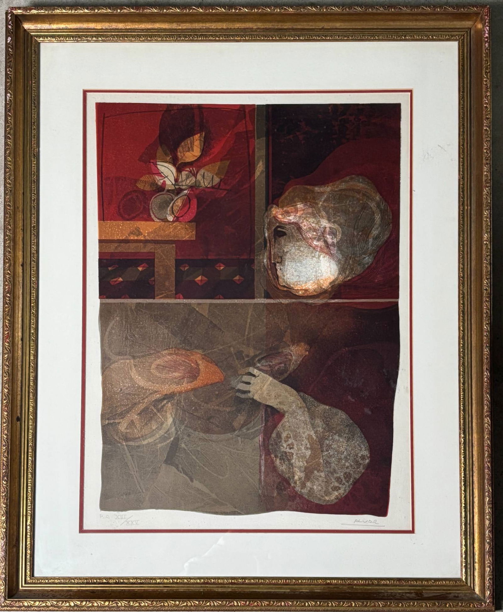 Personage I Finestre by Sunol Alvar Original Lithograph PA: lithograph Original by artist Alvar, featuring abstract human forms and fruit motifs in red, gold, and brown tones. Marked P.A. XII/XXI in the bottom left margin, indicating it is an artist’s proof