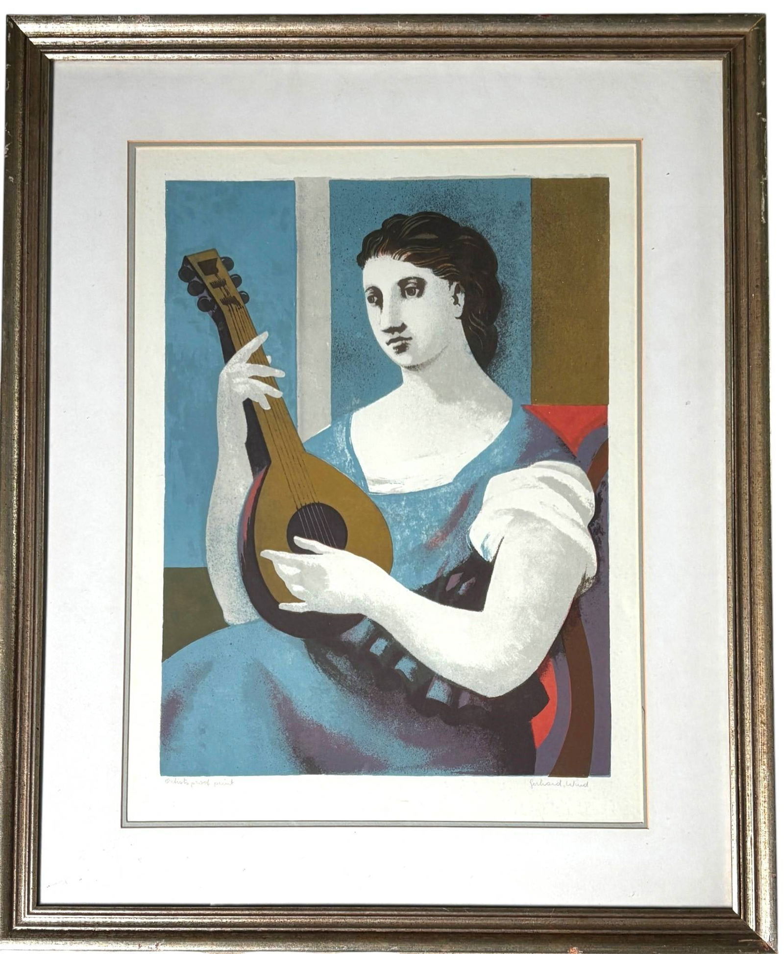 Gerhard Wind Artist’s Proof Lithograph Melancholy Framed: Original limited edition artists proof lithograph by Gerhard Wind titled Melancholy. Depicts a seated woman in a blue dress holding a mandolin against a muted and abstract background. Signed Gerhard W