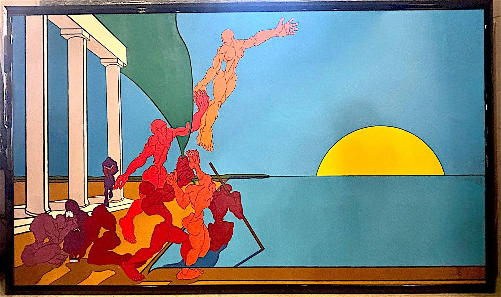 Oversized Acrylic on Canvas by Tim Sabados: Oversized acrylic on canvas by contemporary artist Tim Sabados, a specialty commissioned piece. Features vivid colors and dynamic imagery, combining classical architectural forms with abstract human f