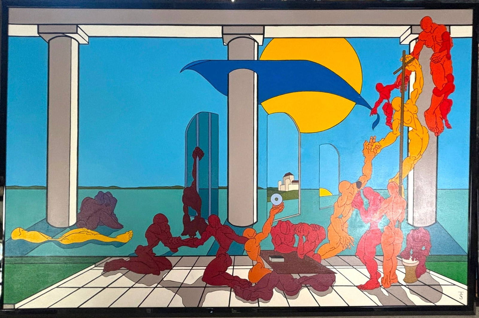 Oversized Acrylic on Canvas by Tim Sabados: Oversized acrylic painting on canvas by Tim Sabados. The composition features vibrant abstract human like forms in shades of red, orange, and yellow, depicted against a surreal architectural backgroun
