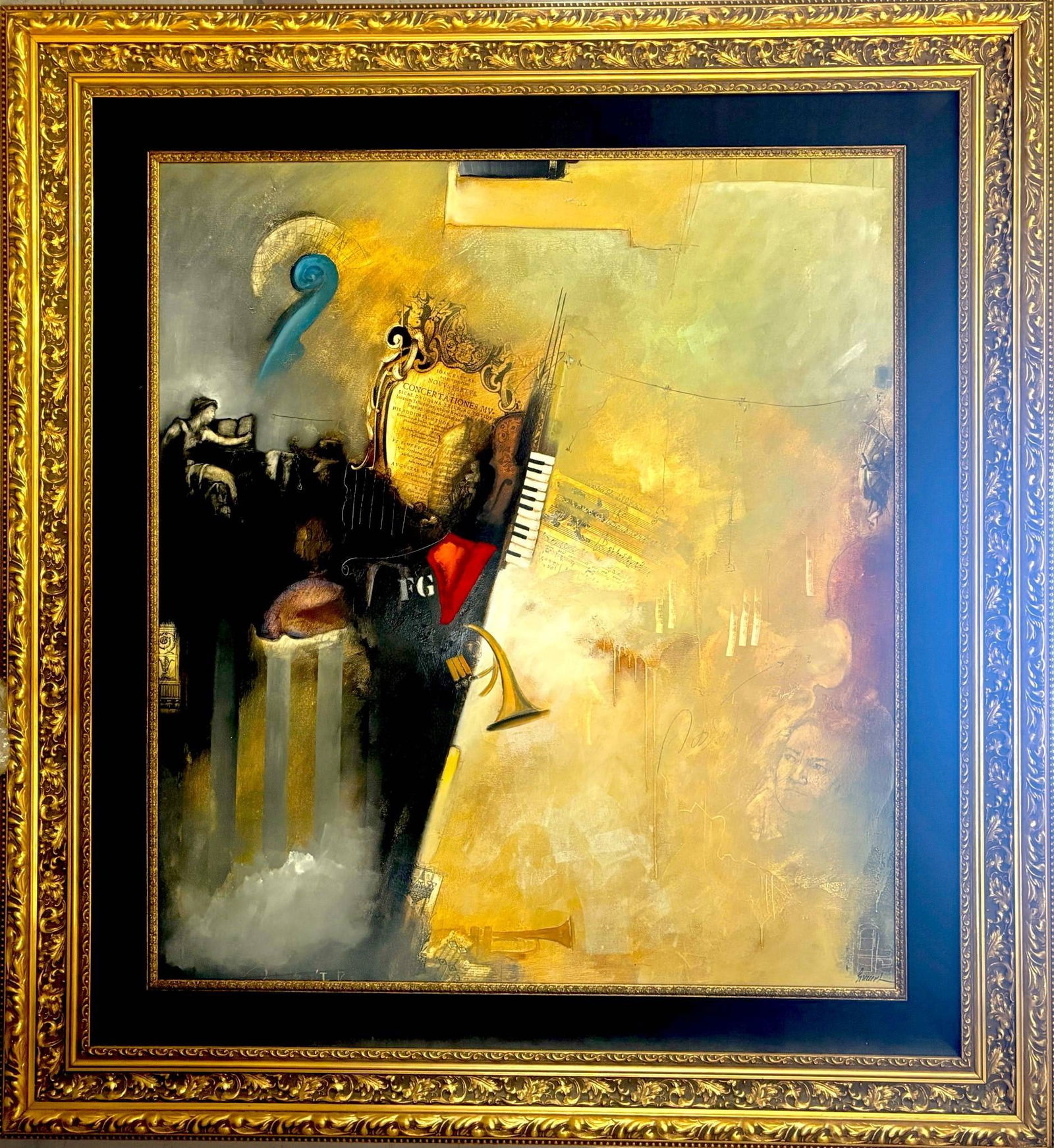 Descending Signs Oversized Mixed Media Painting by Babek Emanuel: Oversized mixed media painting on stretched canvas titled Descending Signs by Babek Emanuel. Features an abstract composition with musical motifs, portraits, and ornate embellishments. Incorporates va