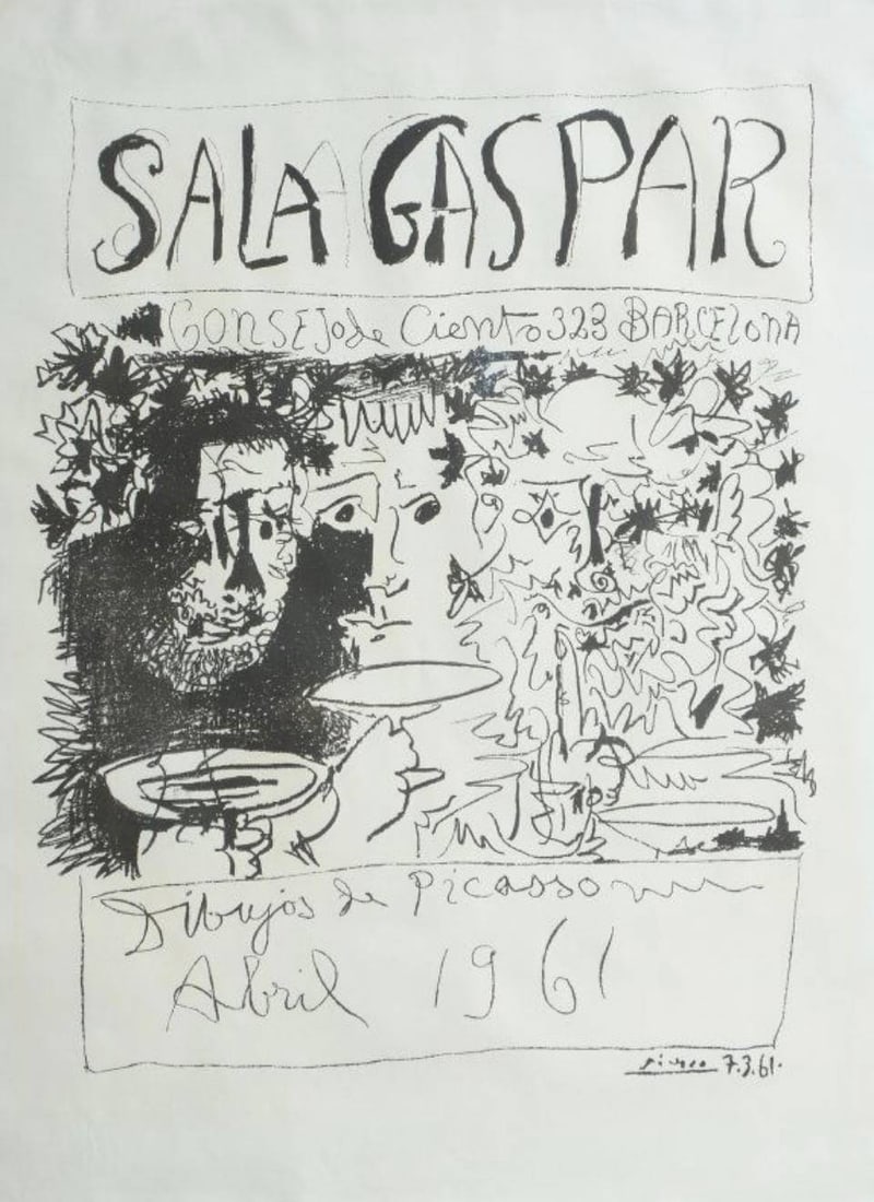 Pablo Picasso Lithograph Sala Gaspar with COA: Lithographic poster depicting Picassos design for the Sala Gaspar exhibition, dated Abril 1961. Features Picassos signature and date inscribed in the plate 7.3.61. Includes a Certificate of Authentici