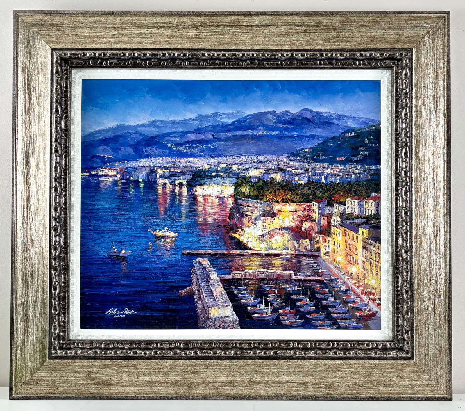 Sam Park Sorrento Hand Embelished Giclee on Canvas 2021: Limited edition giclee on canvas by Sam Park, titled Sorrento. Signed and numbered 148 of 200. Features a vibrant depiction of coastal Sorrento lit up at night, with intricate details of architecture,