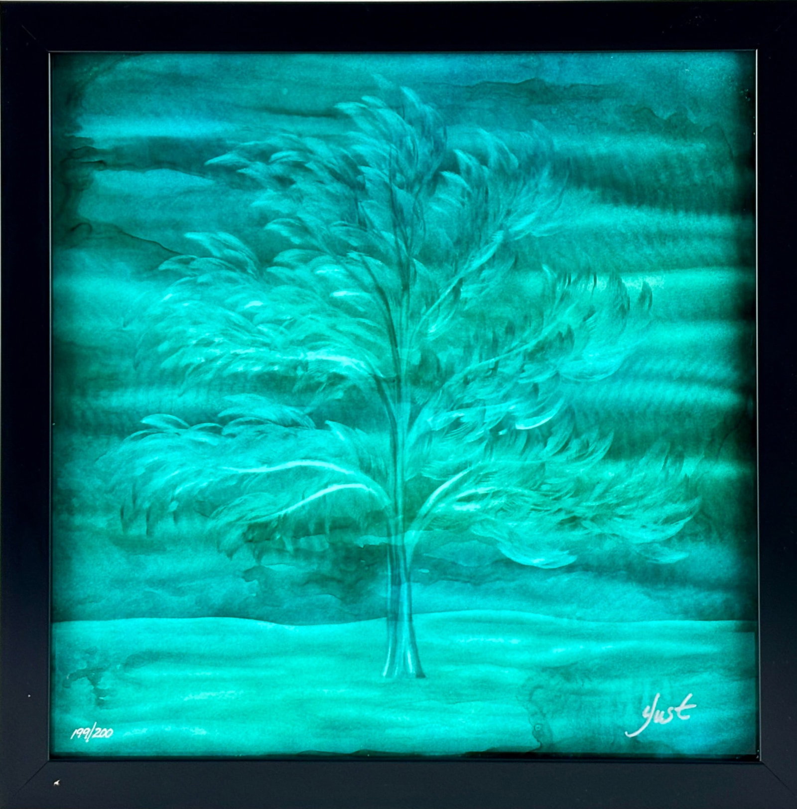 Nicholas Yust Evergreen Terrace Dye Sublimation on Aluminum COA: Dye sublimation artwork entitled Evergreen Terrace by Nicholas Yust, created in 2024. Features a teal-toned tree set against a textured background. Hand signed by the artist and marked as number 199 o