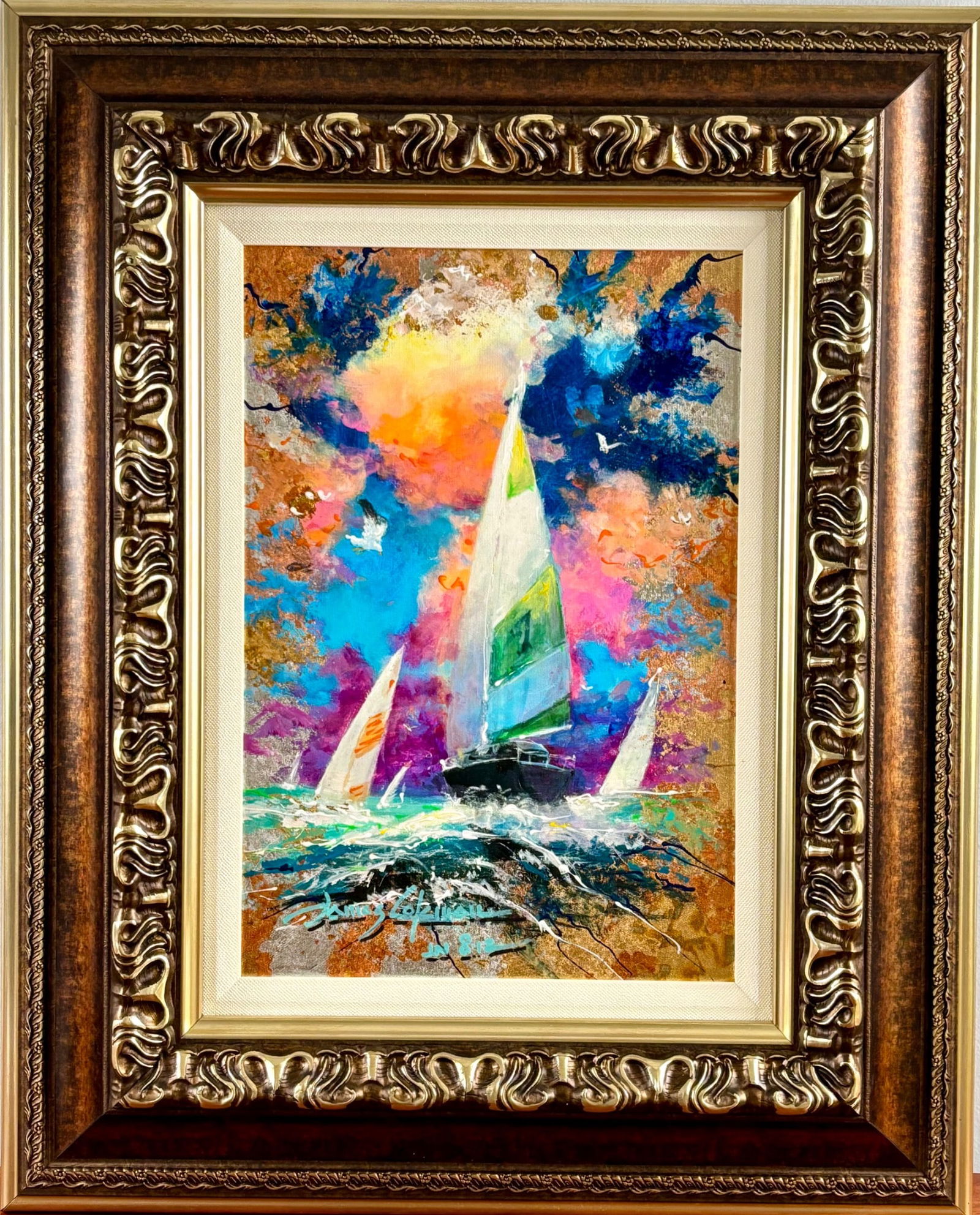 Dreaming of the Sea by James Coleman Mixed Media on Canvas: Media painting titled Dreaming of the Sea by James Coleman, created in 2022. Features vivid hues of blue, pink, and gold with nautical and sailing themes. Created with silver, copper, and gold leaf on