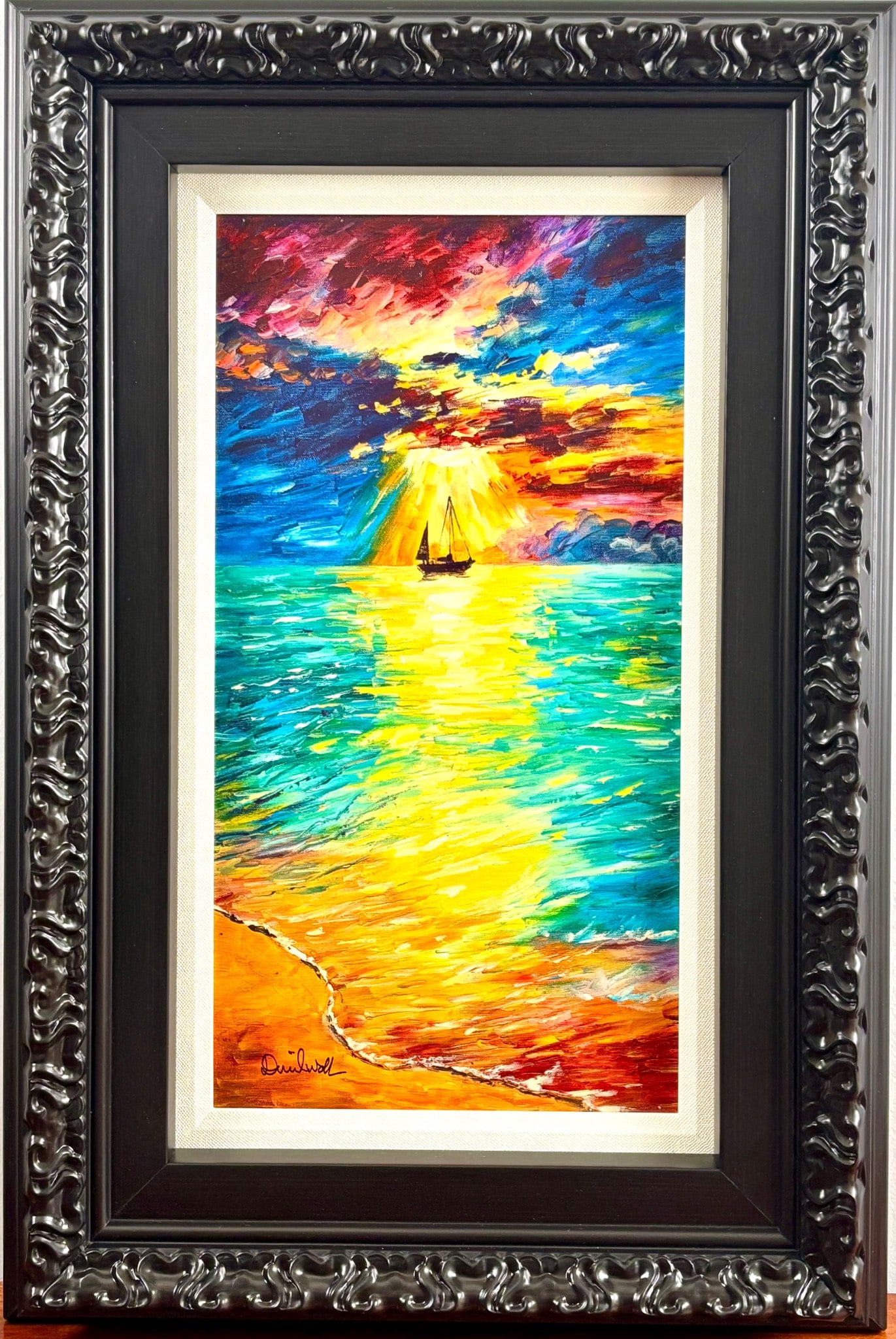 Daniel Wall Vivid Ocean Giclee Painting with Hand Embellishment: Limited edition giclee on canvas titled Vivid Ocean by Daniel Wall, issued in 2023. Hand embellished with acrylic detailing. Depicts a vibrant seascape with a sailboat against a radiant sunset. Framed