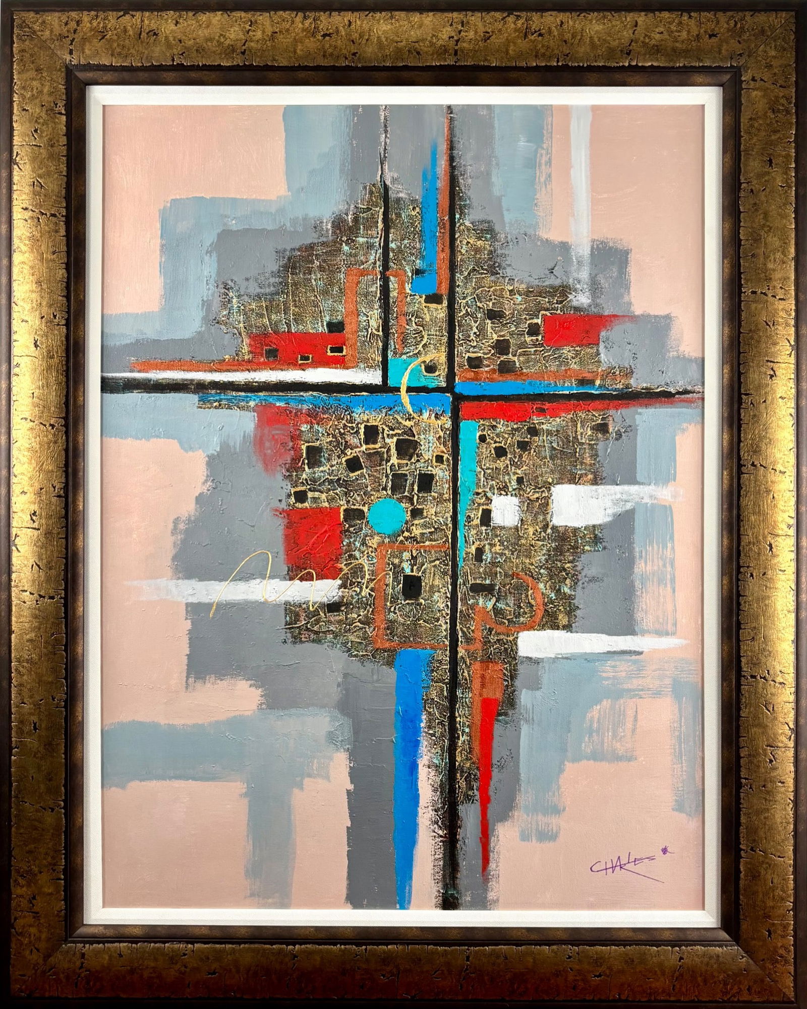 Free Flowing Charles Lee, Abstract Acrylic on Canvas with COA: Original abstract painting by Charles Lee, titled Free Flowing, dated 2018. Acrylic on canvas, featuring a dynamic composition of geometric forms and vibrant colors. Includes the artists signature on