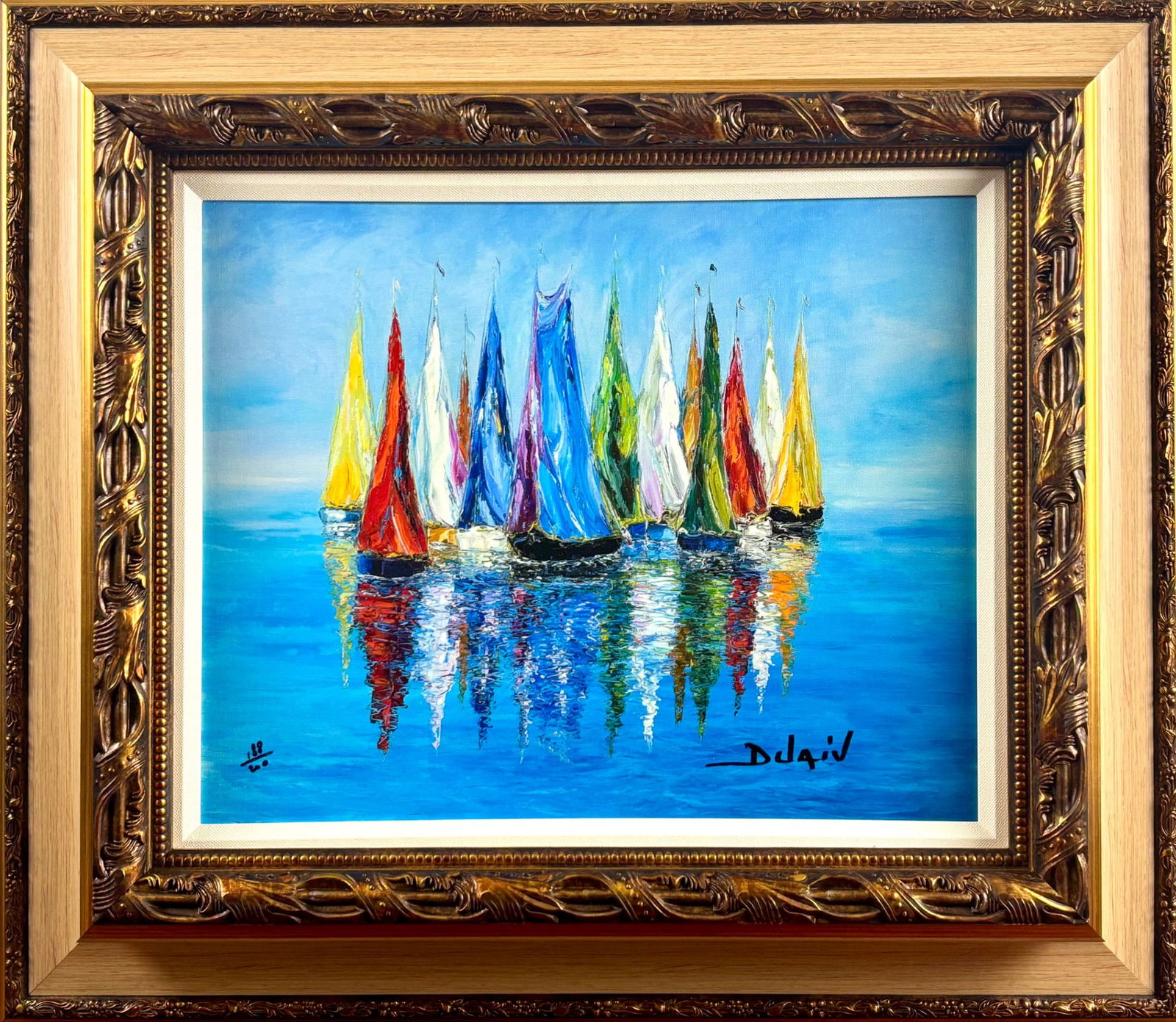 Duaiv Light Sail Boats Signed Giclee on Canvas, COA: Giclee on canvas titled Light Sail Boats by the artist Duaiv. Features a colorful depiction of sailboats with textured hand embellishments and vibrant reflections against a blue water background. Sign