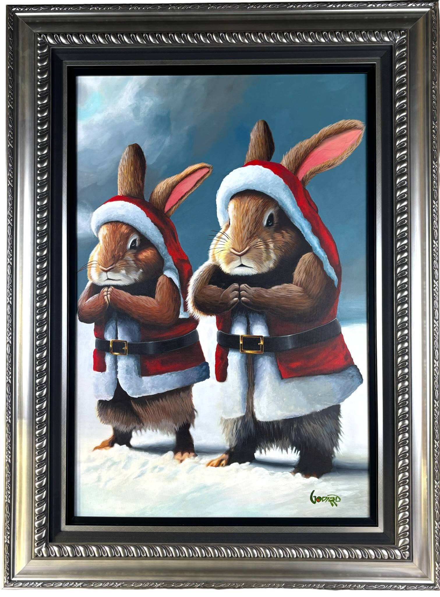 Holly Bunnies by Michael Godard Mixed Media and Acrylic on Canvas: Original mixed media and acrylic painting on canvas by Michael Godard titled Holly Bunnies.? Painting is featuring two anthropomorphic rabbits dressed in Santa themed outfits. The artwork is signed by