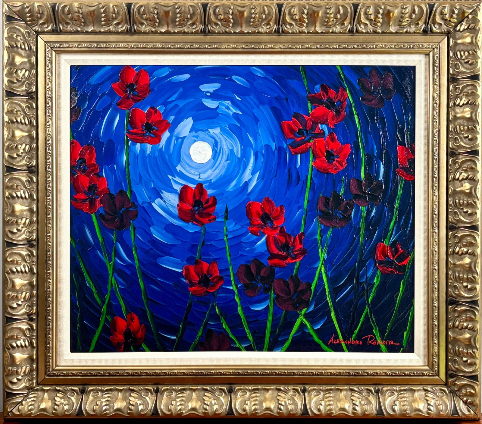 Alexandre Renoir Night Bloom Giclee on Canvas: Giclee on canvas titled Night Bloom by Alexandre Renoir, 2021. Features vivid red flowers against a textured blue moonlit background with hand embellishments. Hand signed by the artist. Includes Certi