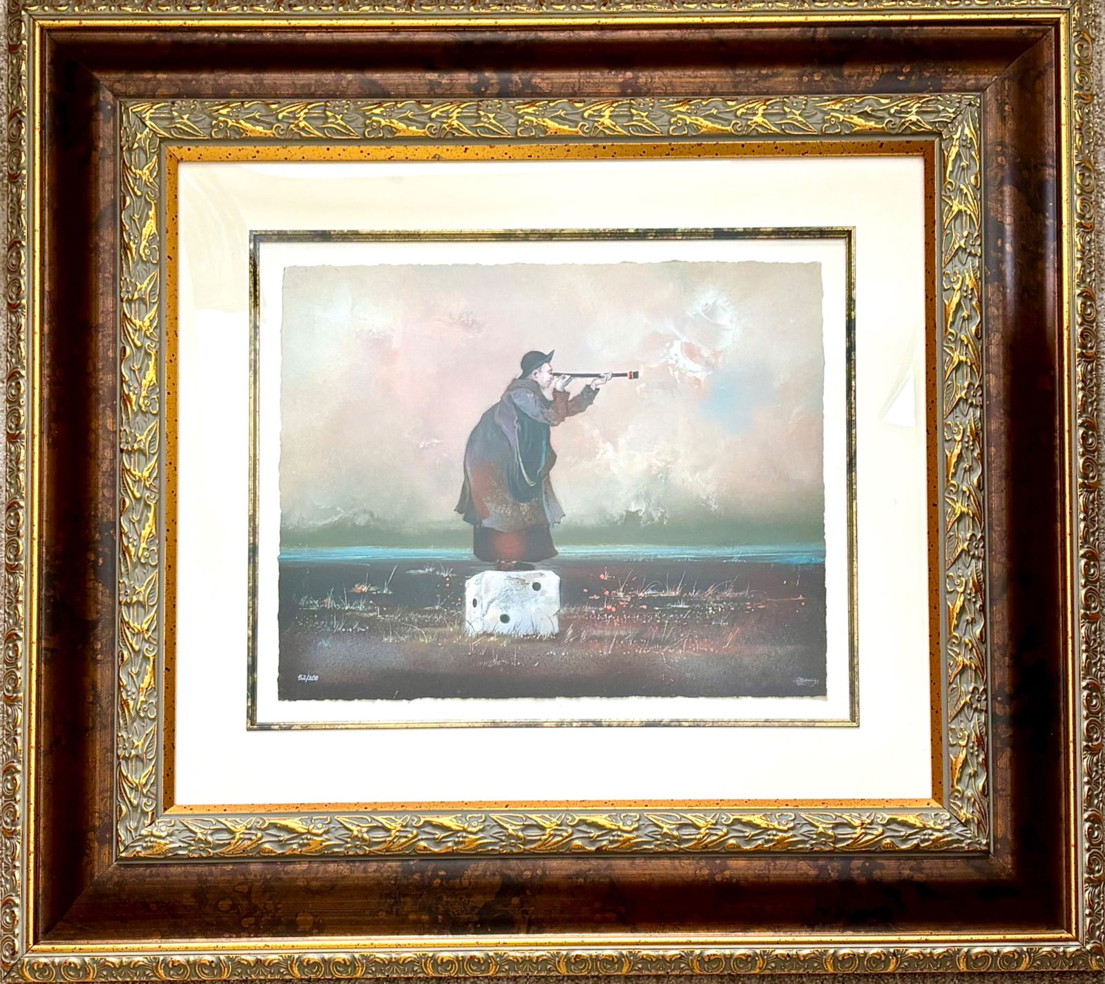 Bernard Louedin Le Vigie Signed Giclee on Paper: Giclee print titled Le Vigie by Bernard Louedin, created in 2021. Numbered 52 of 200 within the artists authorized Arabic numbered edition. Features a whimsical figure standing on a die against a text