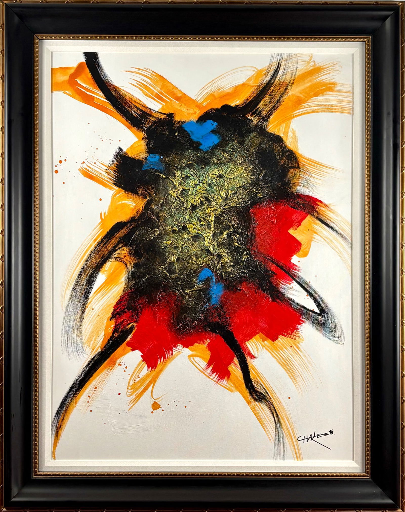 Morning Bustle Charles Lee Acrylic on Canvas COA: Acrylic painting on canvas titled Morning Bustle by Charles Lee, created in 2017. The composition features vibrant strokes of red, orange, black, and blue against a white background, with textured ele