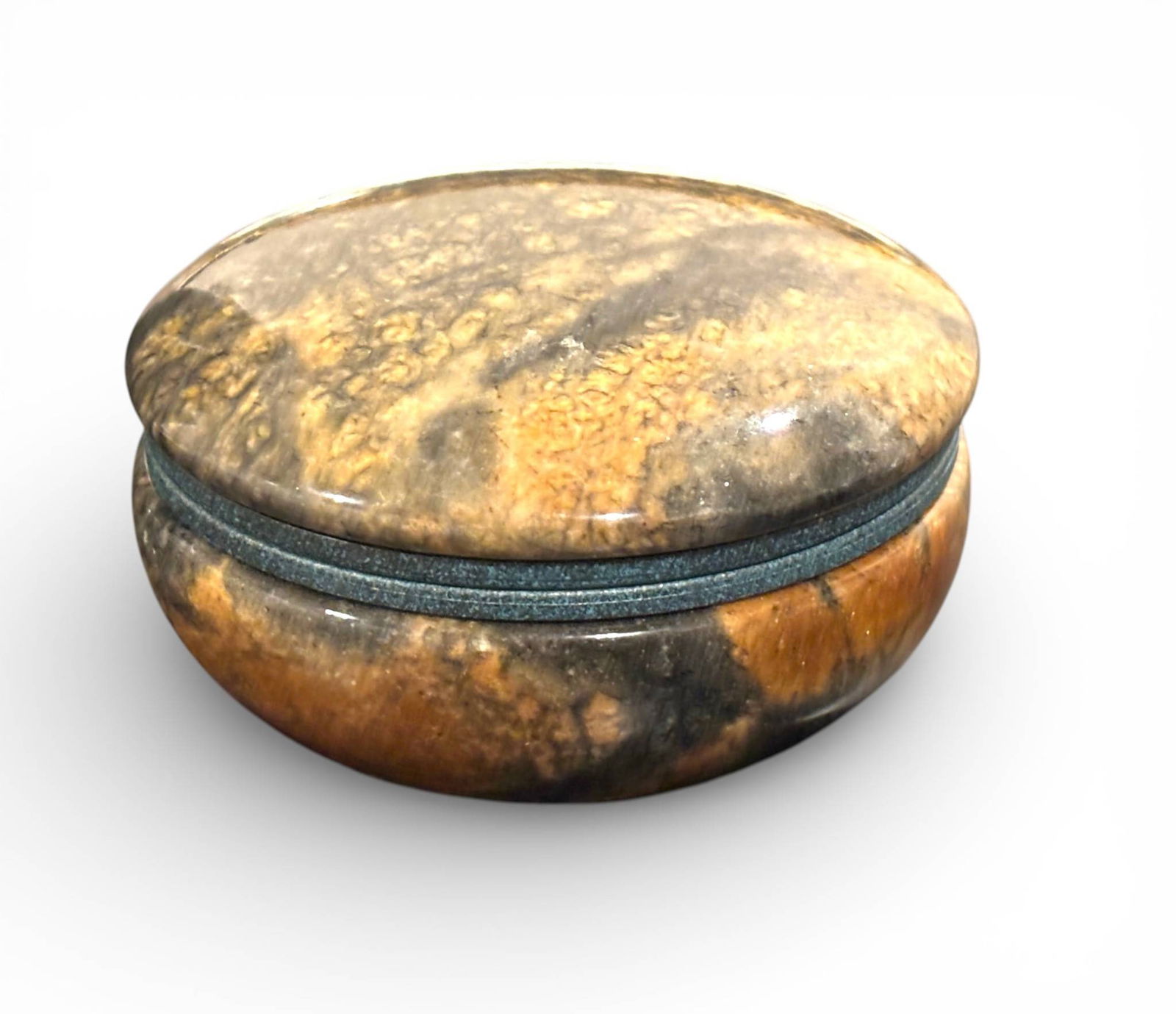 Italian Alabaster Round Box with Hinged Lid: Italian alabaster round box featuring a hinged lid and smooth polished surface with natural veining in earthy hues of amber and brown. Interior and rim showcase a contrasting mottled blue and green fi