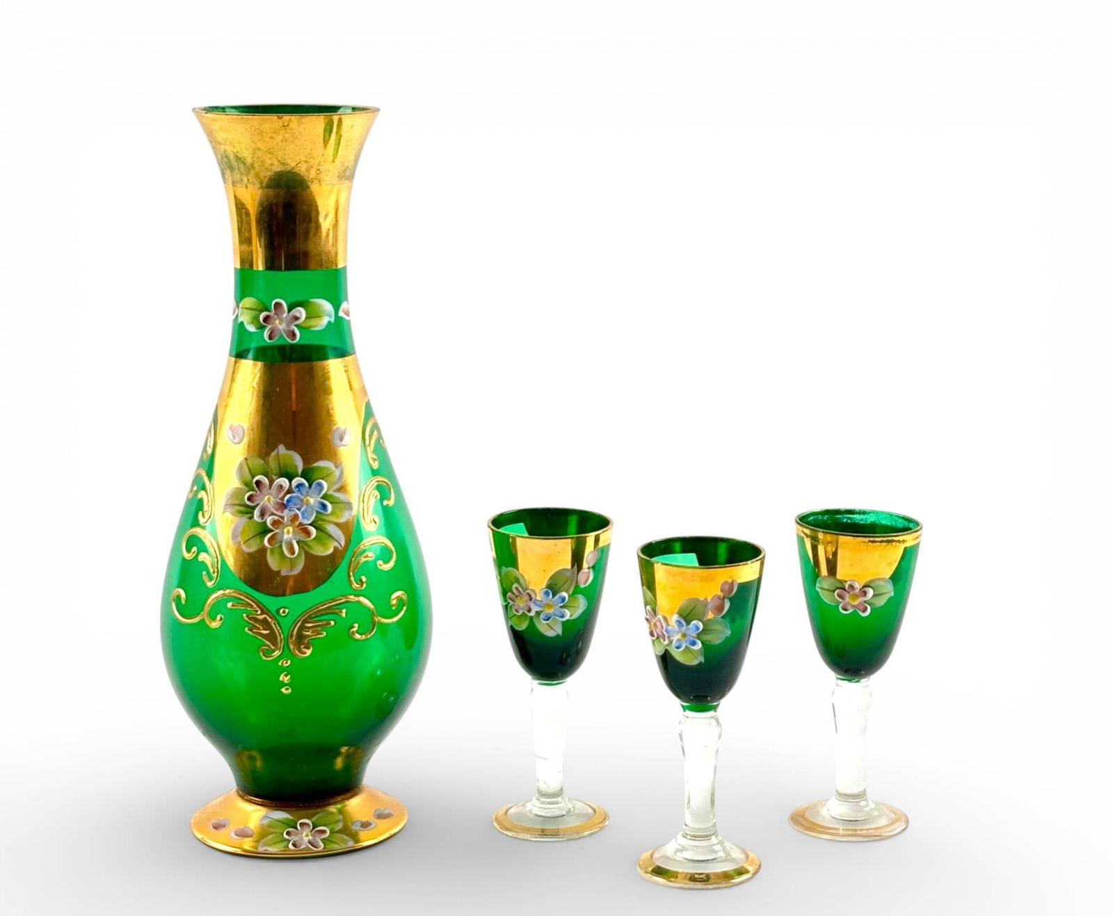 Green and Gold Bohemian Glass Decanter Set (1 of 14)