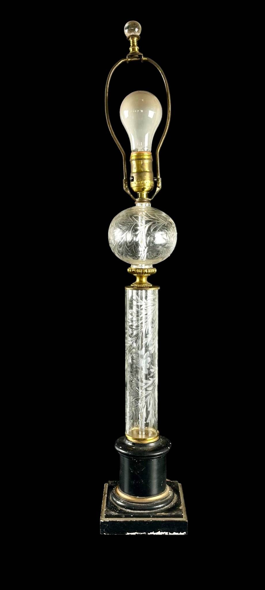 Etched Glass and Brass Table Lamp with Black Base (1 of 6)