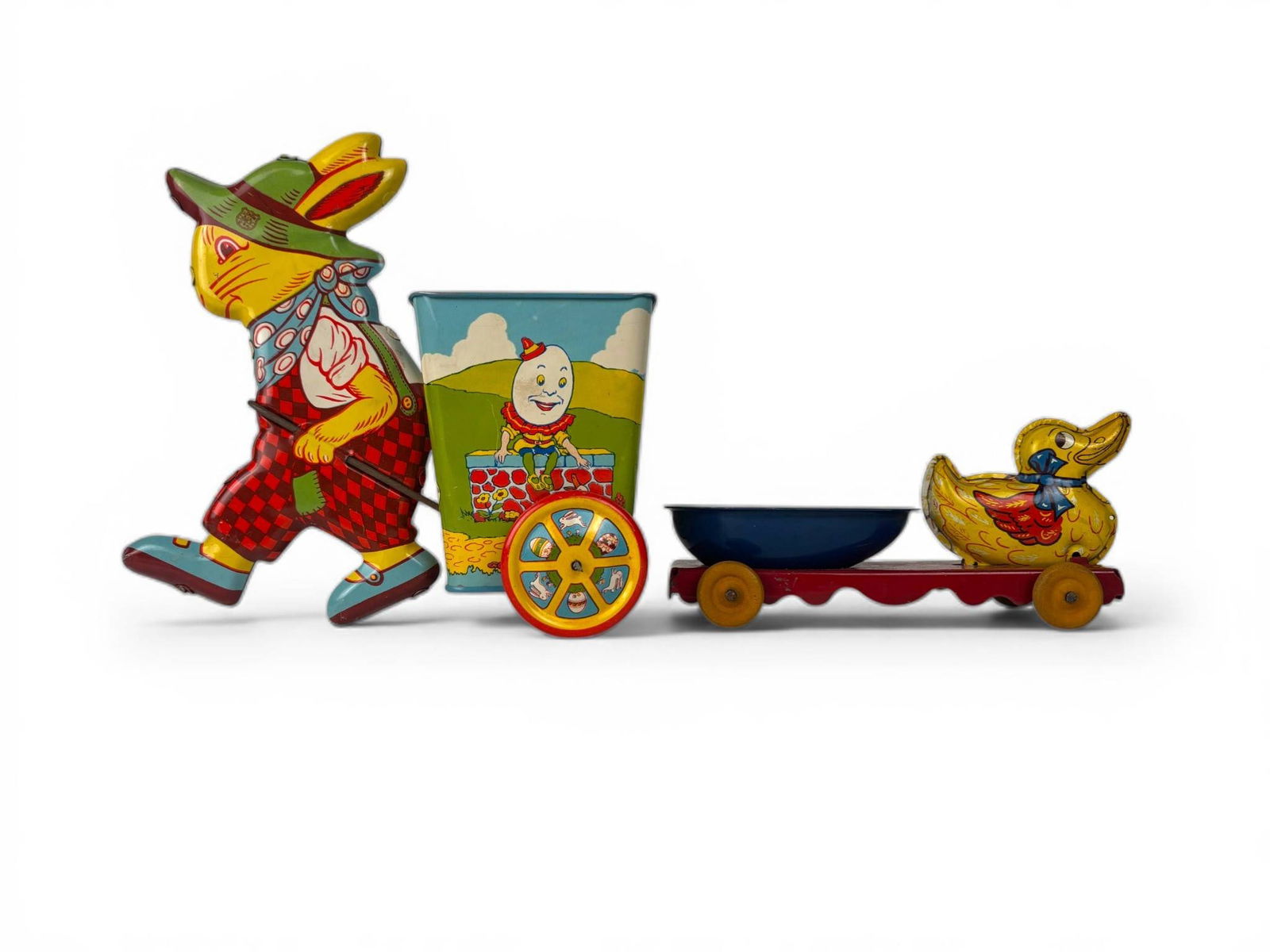 J. Chein and Co. Tin Litho Easter Bubby Cart Cart Pull Toy with Duck (1 of 11)