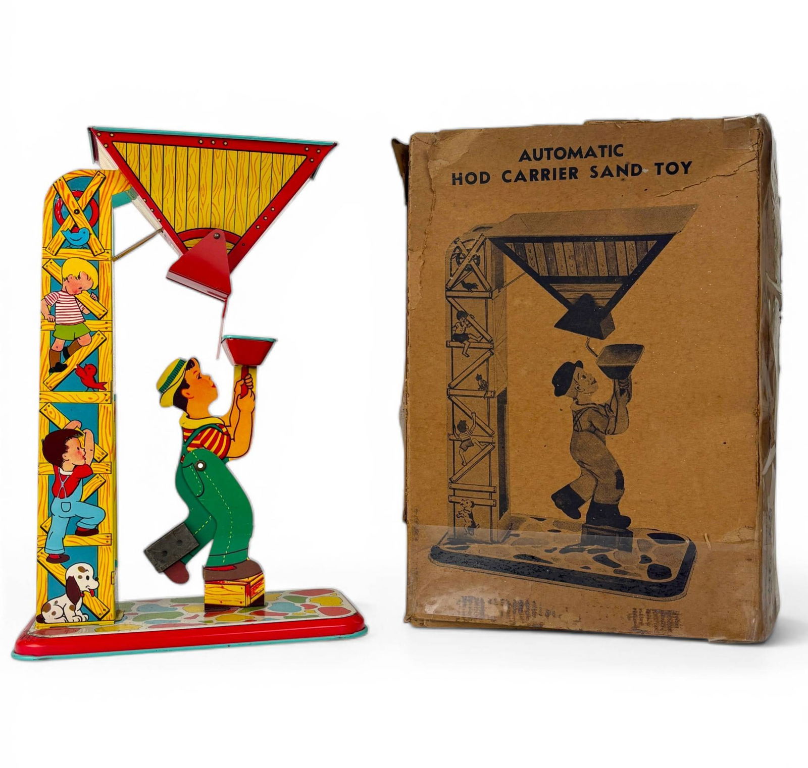 Chein and Co. Automatic Hod Carrier Sand Toy with Original Box: Tin lithographed sand toy by Chein and Co., made in the USA. Features colorful illustrations of workers, children, and a dog, with a triangular hopper feeding sand into a carrier held by a moving