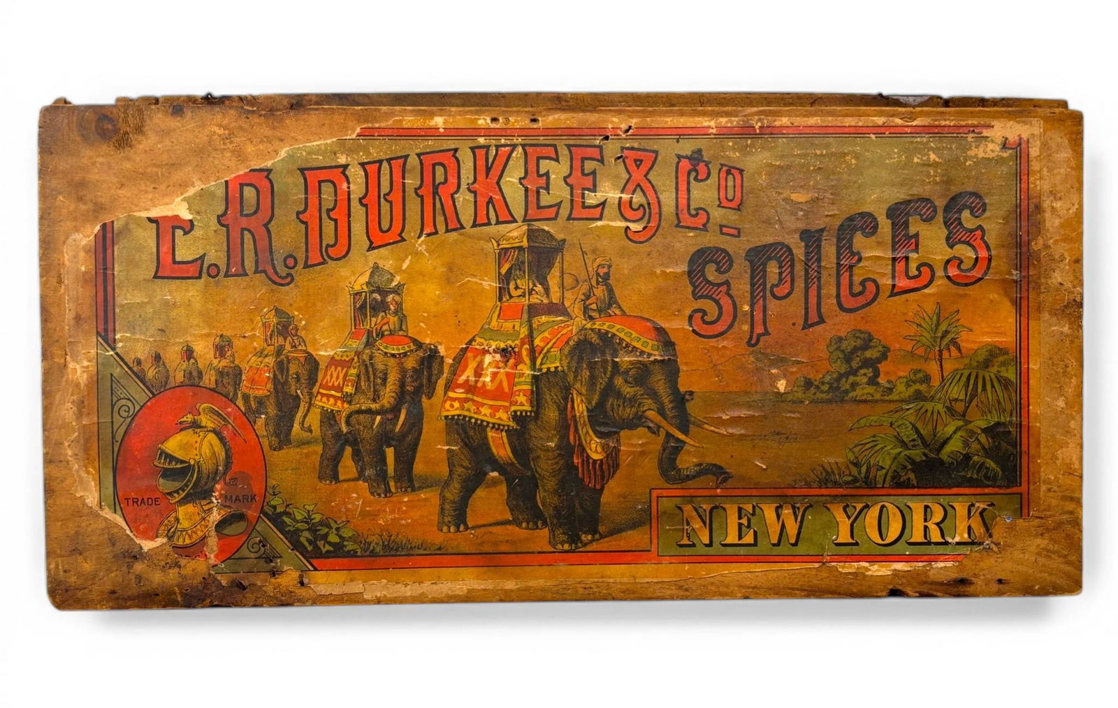 E.R. Durkee and Co. Spices Wooden Advertising Box: Wooden advertising box for E.R. Durkee and Co. Spices, featuring vibrant lithographed imagery of elephants adorned with decorative garments and text reading Spices and New York. The dovetail joined