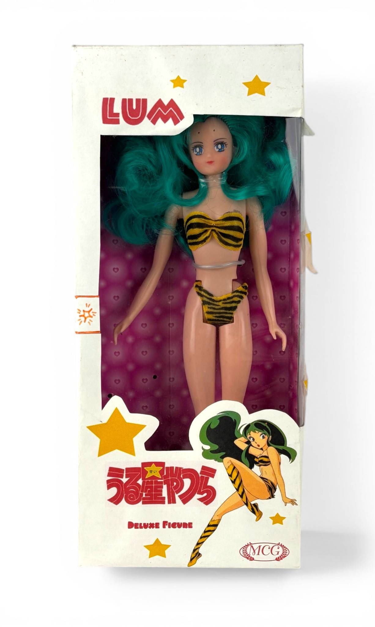 Urusei Yatsura Lum Deluxe Figure in Original Box by MCG: Urusei Yatsura Lum deluxe figure by MCG, presented in its original box featuring colorful artwork of the Lum character. The figure is depicted in her signature tiger striped outfit with green hair and