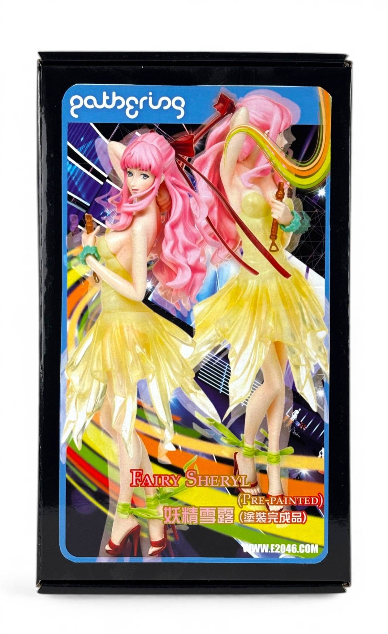 Pre-Painted Gathering Fairy Sheryl Figurine: Pre painted Fairy Sheryl figurine manufactured by Gathering and distributed via e2046.com. Character depicted with pink hair and wearing a yellow, fairy inspired outfit. Includes boxed packaging with 