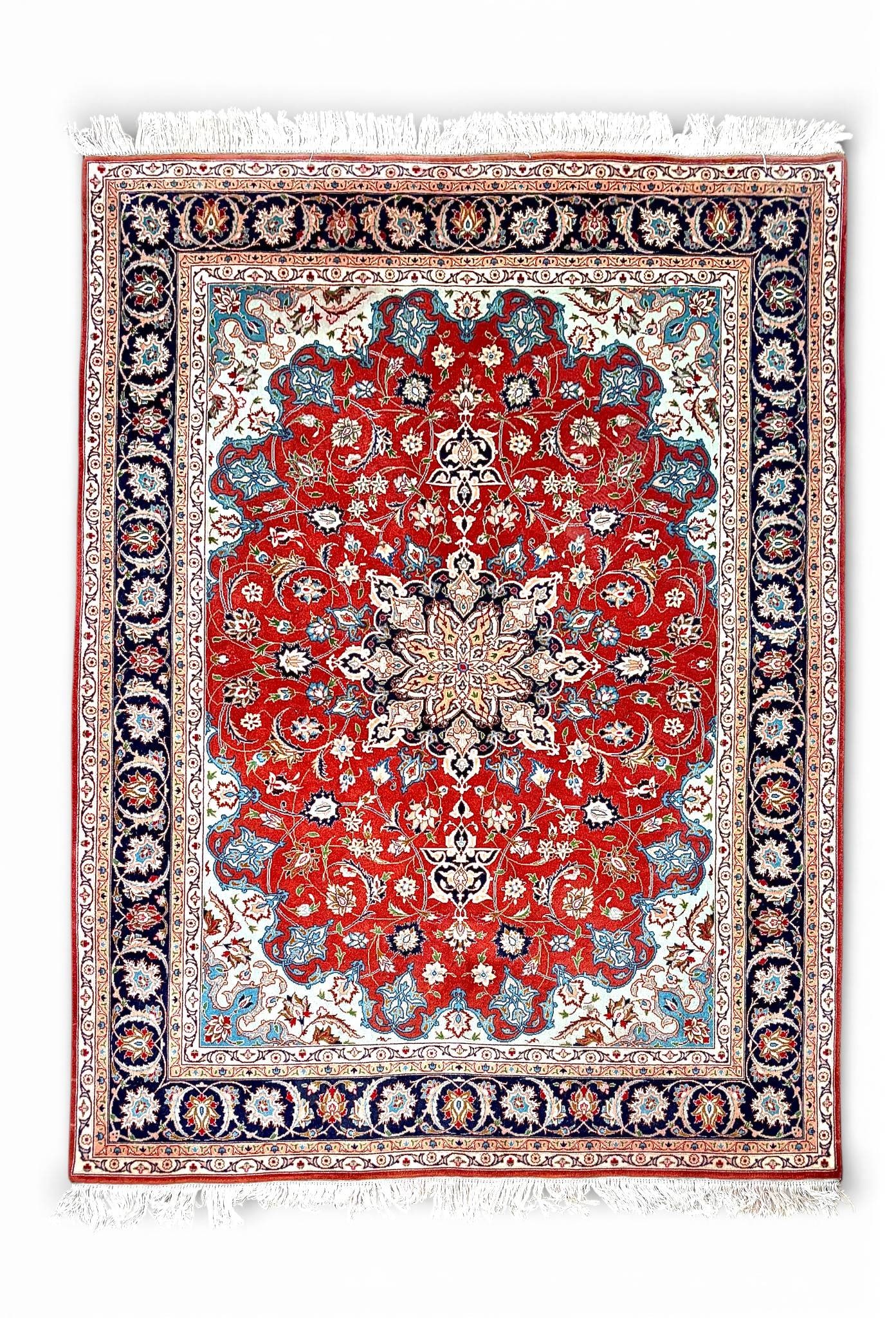 Handwoven Late 20th Century Persian Tabriz Rug Iran 5 x 6.5: Fine handwoven Persian Tabriz rug from Iran, featuring a bold central medallion within a detailed red field. Surrounded by intricate ivory and navy borders adorned with floral and arabesque designs. C