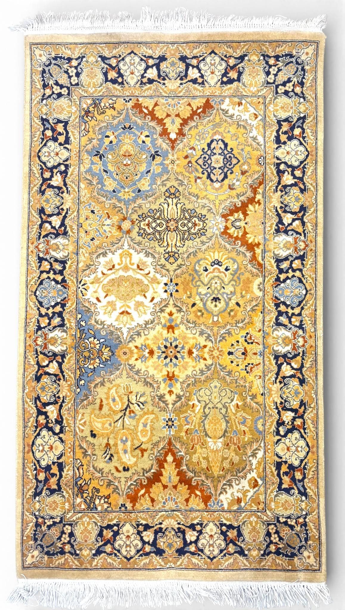 Persian Hand Knotted Tabriz Wool Rug 2.5 x 4.5: Fine hand knotted Persian Tabriz rug featuring a symmetrical floral and medallion motif design. The intricate pattern is framed by a wide border with scrolling blossoms and foliage. Crafted in a rich