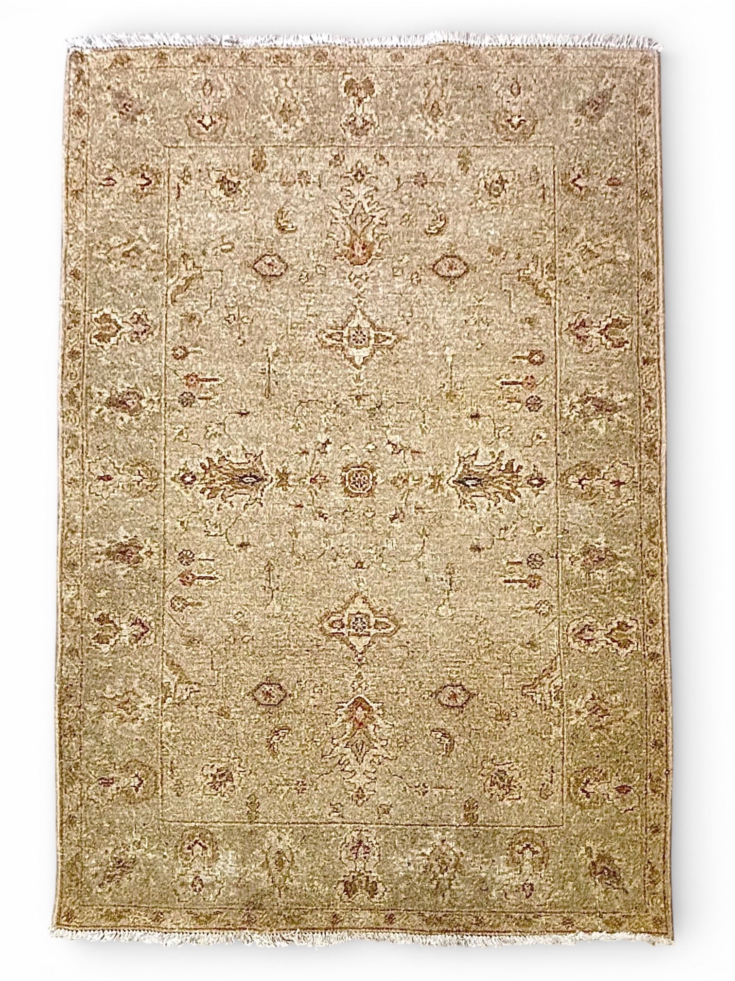 Very Fine Iranian Hand Knotted Persian Rug with Subtle Boteh Motif: A hand-knotted Persian rug with a fine knot count, looped pile, and cotton foundation. Features a central medallion and floral motifs on an abrash neutral field with ivory, sand, and muted earthy tone