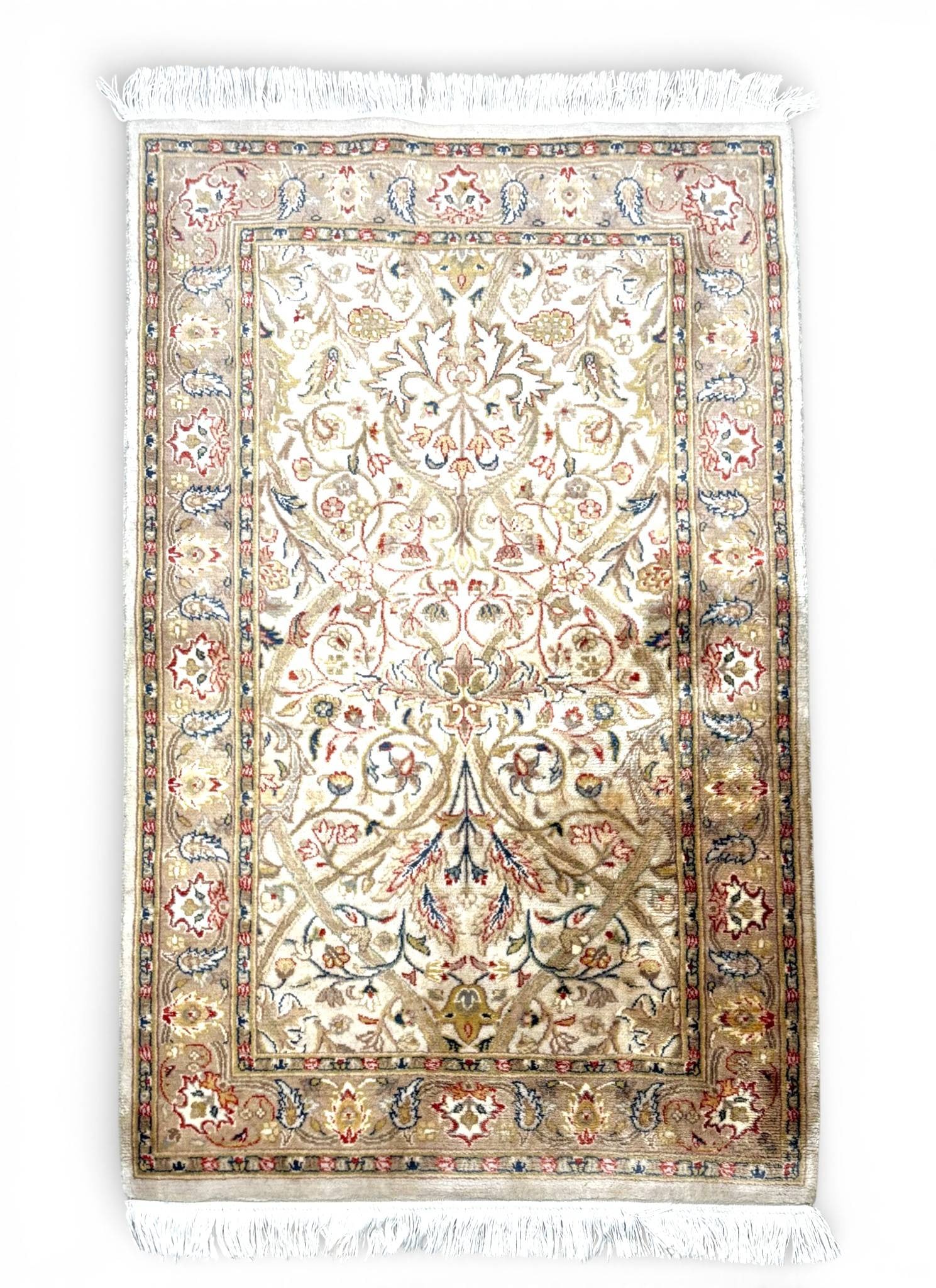 Handwoven Persian Rug with Floral Motif and Ivory Field: Handwoven Persian rug featuring an intricate floral and vine design in multicolored tones against an ivory field. The border showcases an ornate floral pattern with red, blue, and beige accents. The