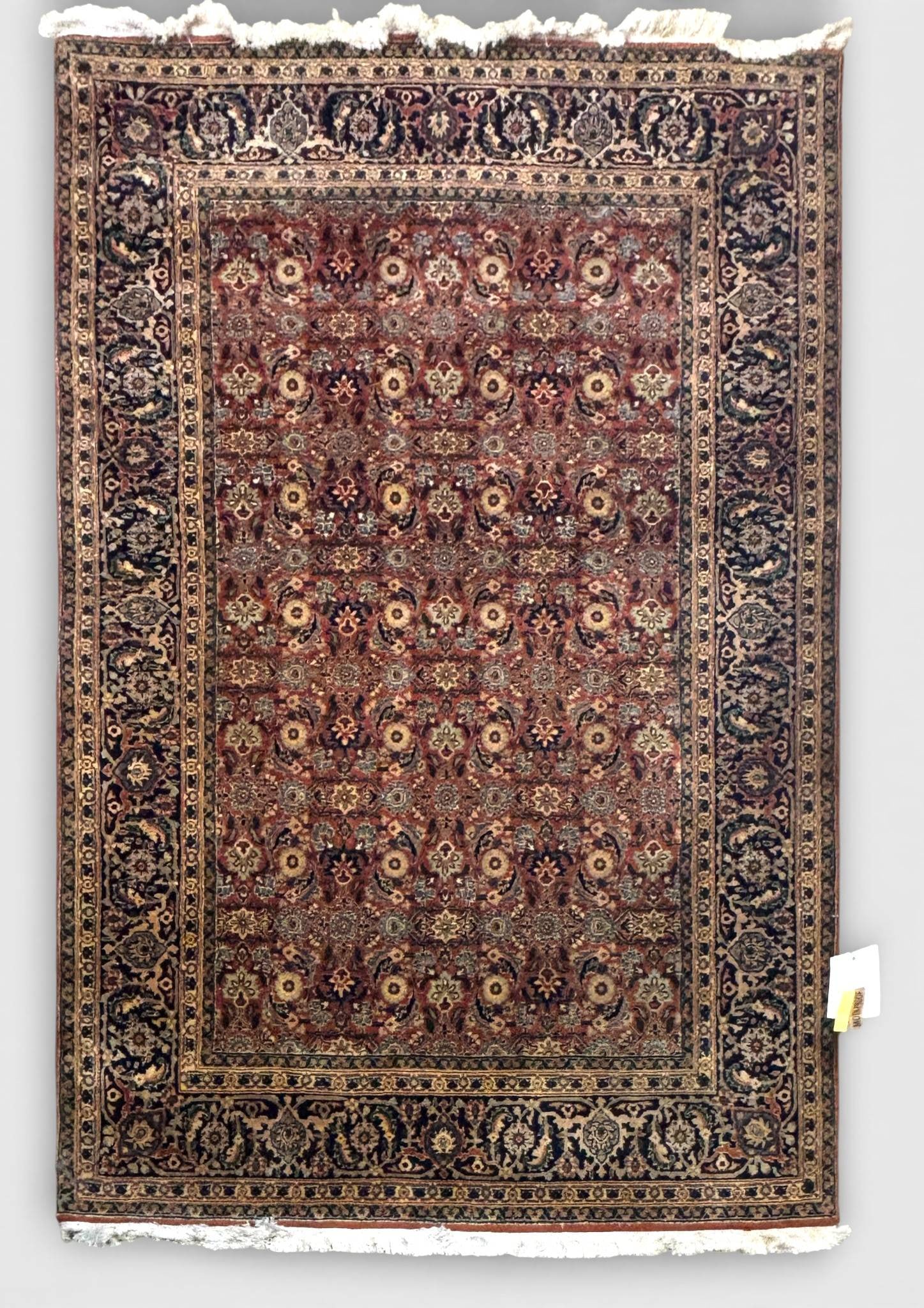 Handwoven Persian Mahal Sarouk Carpet: Handwoven Persian Mahal Sarouk carpet, crafted in western Iran and attributed to the Mahal-Sarouk weaving tradition. Featuring a dense allover floral lattice of repeating rosettes and stylized