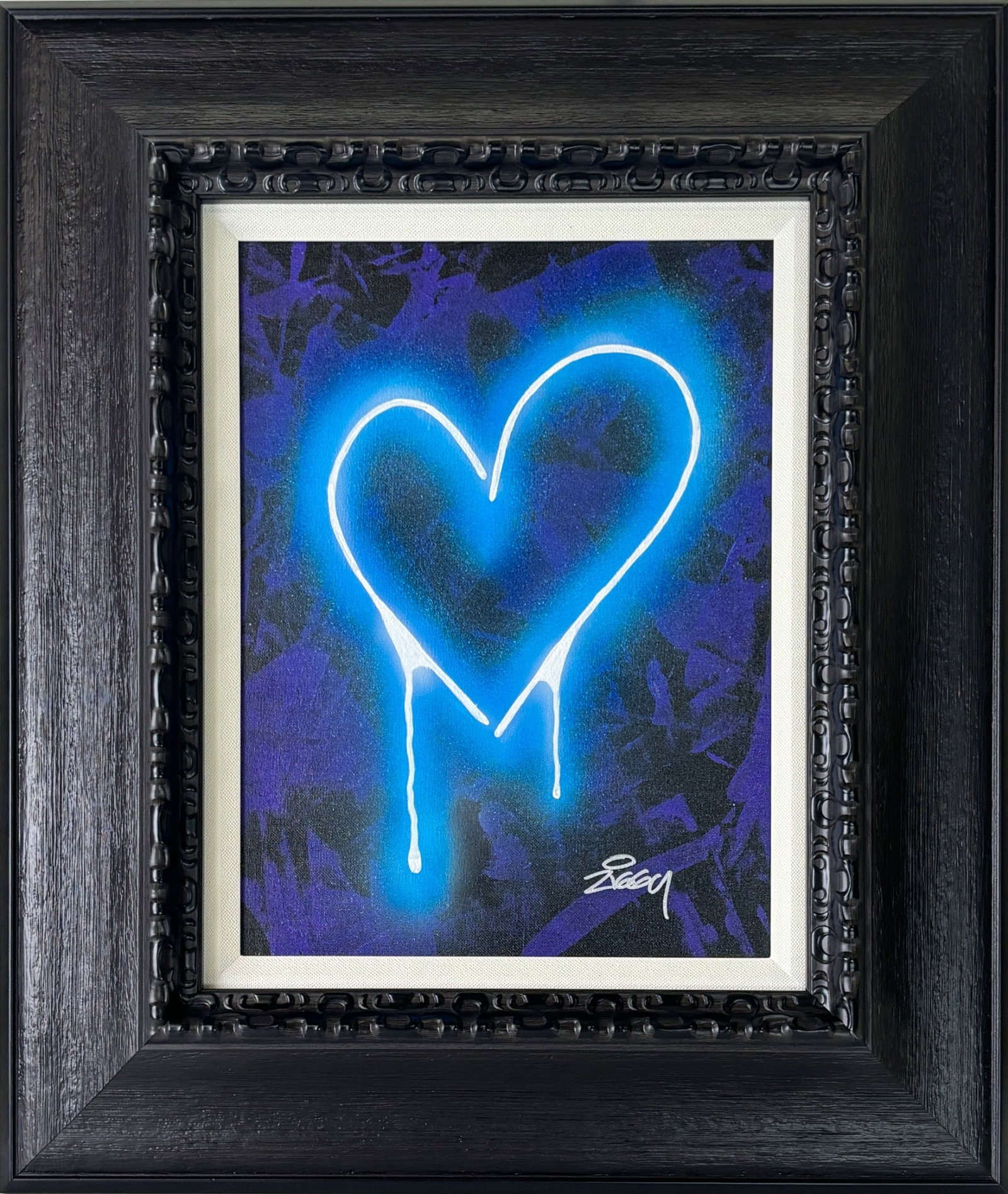 'Blue Neon Heart' Acrylic on Canvas by Ziggy: Original acrylic on canvas titled "Blue Neon Heart" by Ziggy. The artwork features a glowing blue heart with a drip effect on a dark purple and black abstract background, signed by the artist in the l