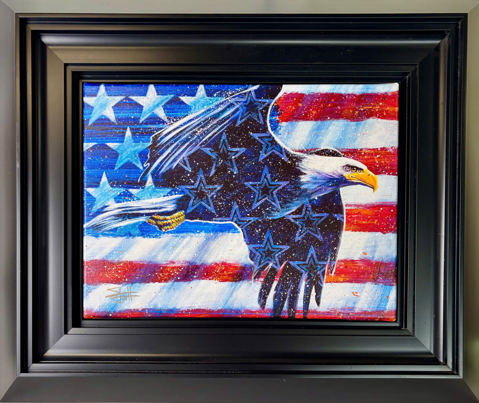 Proud American Hand Embellished Giclee by Fishwick: Hand-embellished giclee on canvas by Fishwick, titled 'Proud American.' Features an eagle in mid-flight over a backdrop of the U.S. flag with star patterns and splatter accents. Signed by the artist i