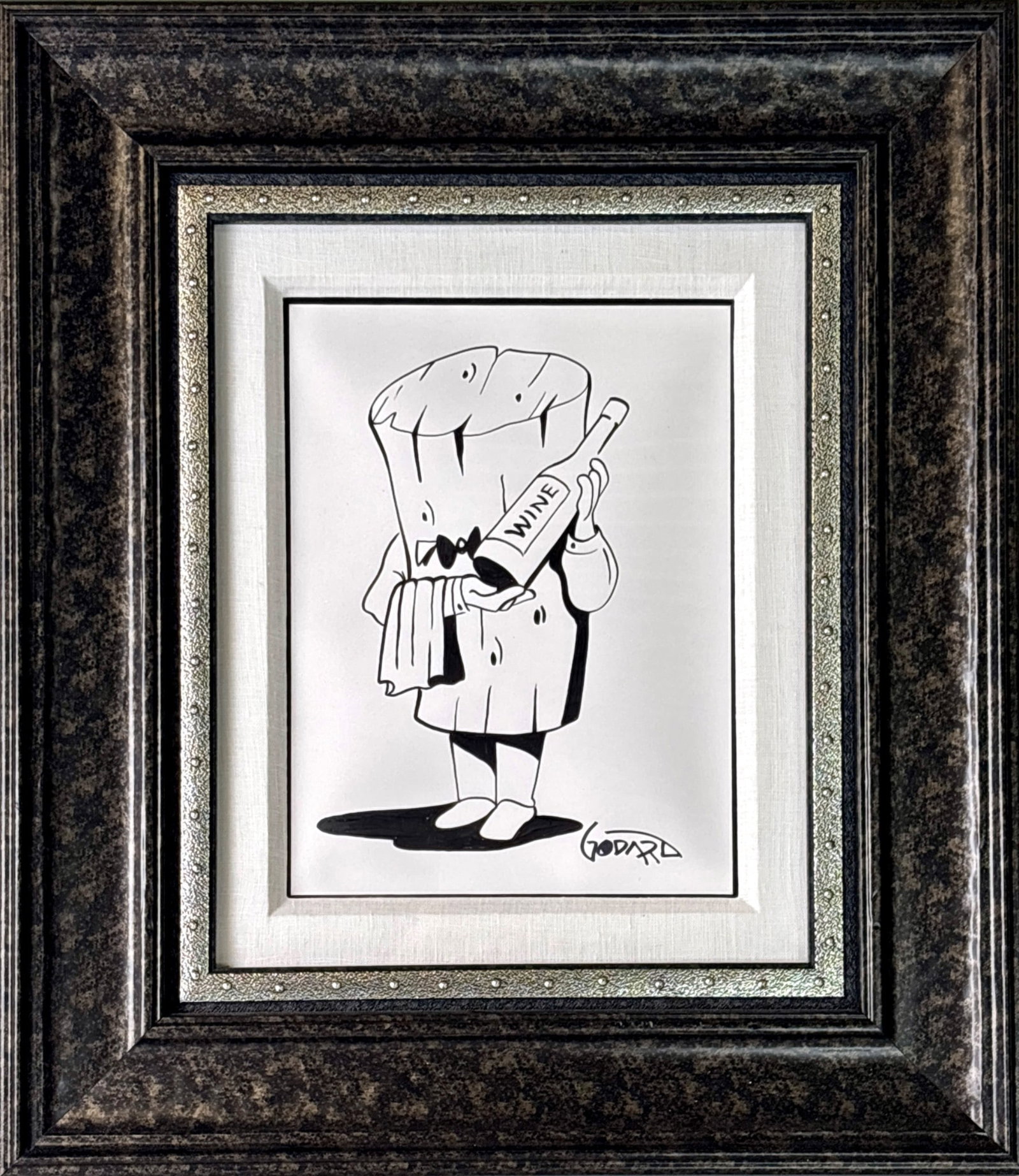 Michael Godard 'Sommelier' Painting on Paper: Michael Godard's 'Sommelier,' a whimsical black-and-white painting on paper depicting a wine-themed character shaped like a cork holding a wine bottle and a towel. The artist's signature appears at th