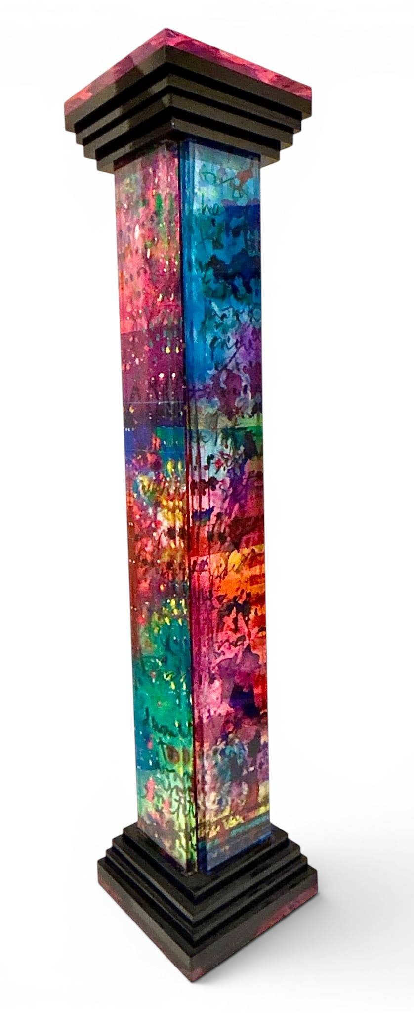 Tim Yanke 'Timber' Art Pedestal HC: A colorful pedestal titled 'Timber' by artist Tim Yanke, featuring vibrant abstract imagery with hand-applied overlays of text. Signed 'Yanke' and marked (HC) number 19 of 90. The column rests on a ti