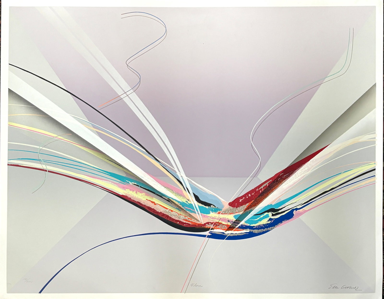 Elba Alvarez Limited Edition Serigraph: Limited edition serigraph by Elba Alvarez, signed in the lower right and numbered 141/200 in the lower left. Features abstract composition with dynamic multicolor linear forms on a light gray and lave