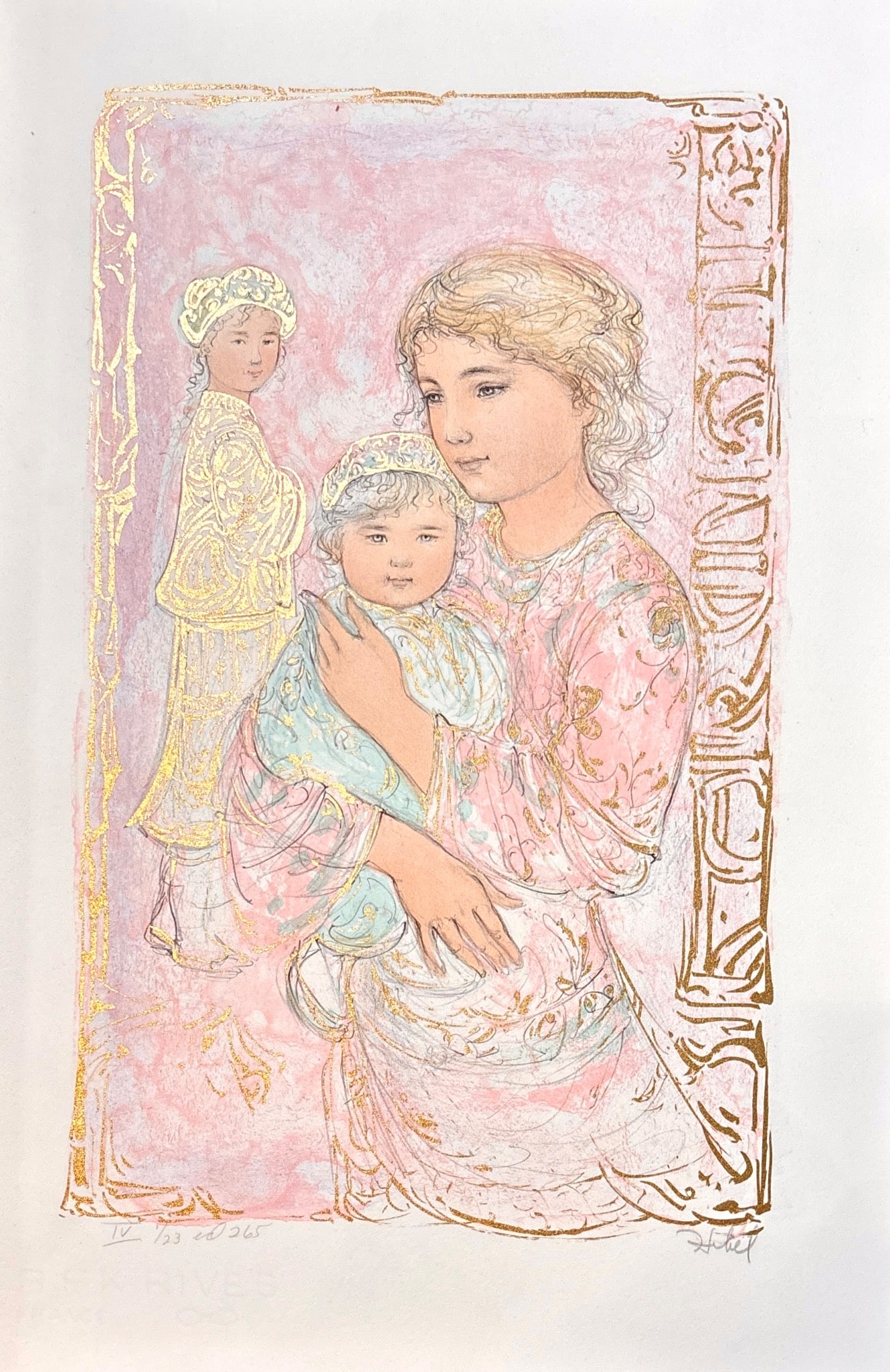 Edna Hibel Original Stone Lithograph Carole Anne and Children: Original stone lithograph by Edna Hibel, titled Carole Anne and Children. Numbered IV of 123 out of an edition of 265, this limited edition artwork is hand signed by the artist in pencil. Features gol