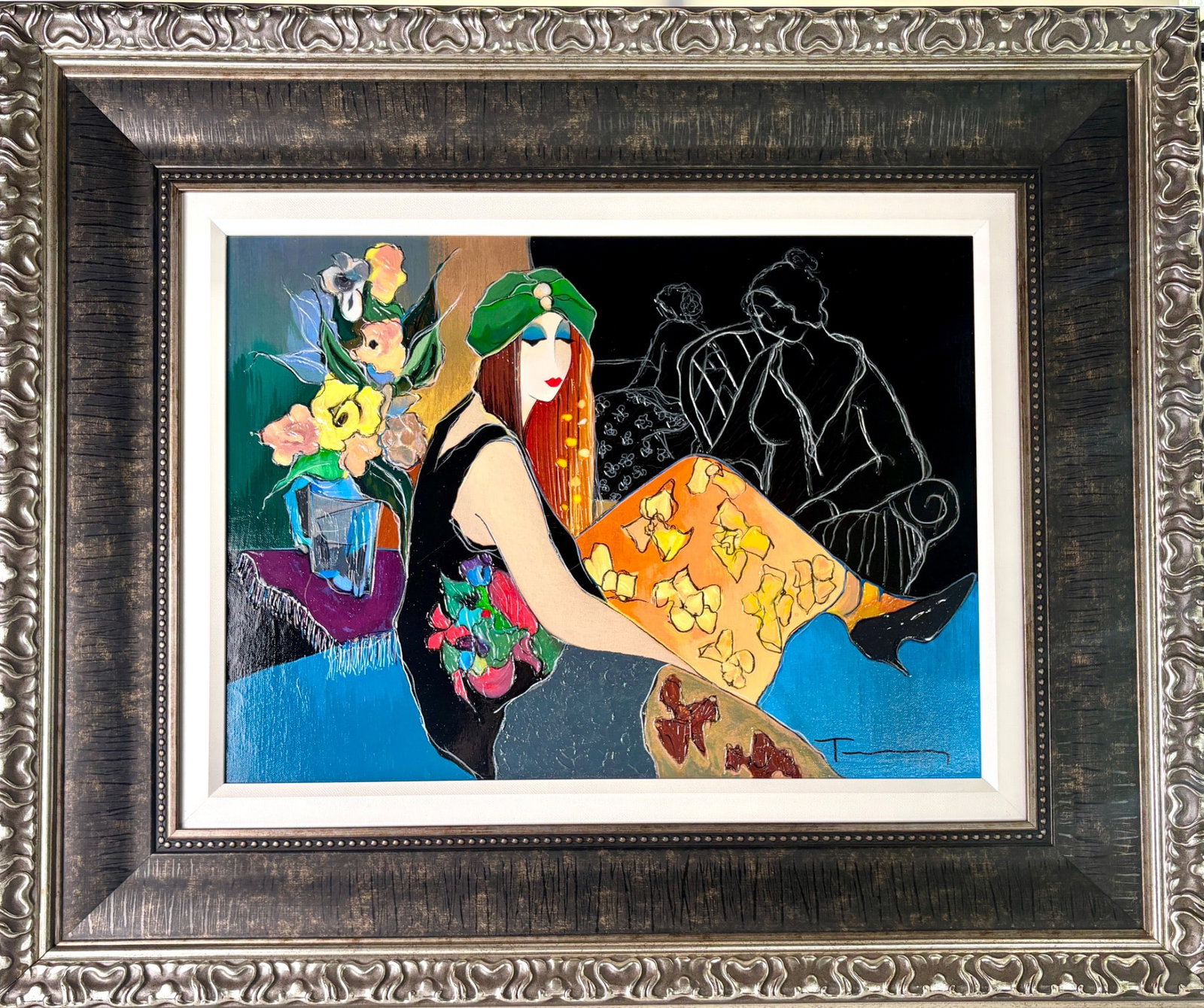 Look of Love Embellished Serigraph on Canvas by Tarkay: A hand-embellished serigraph on canvas titled "Look of Love" by the renowned artist Itzchak Tarkay, numbered 12 of 295. The piece features vibrant depictions of elegant figures in a modernist style, a
