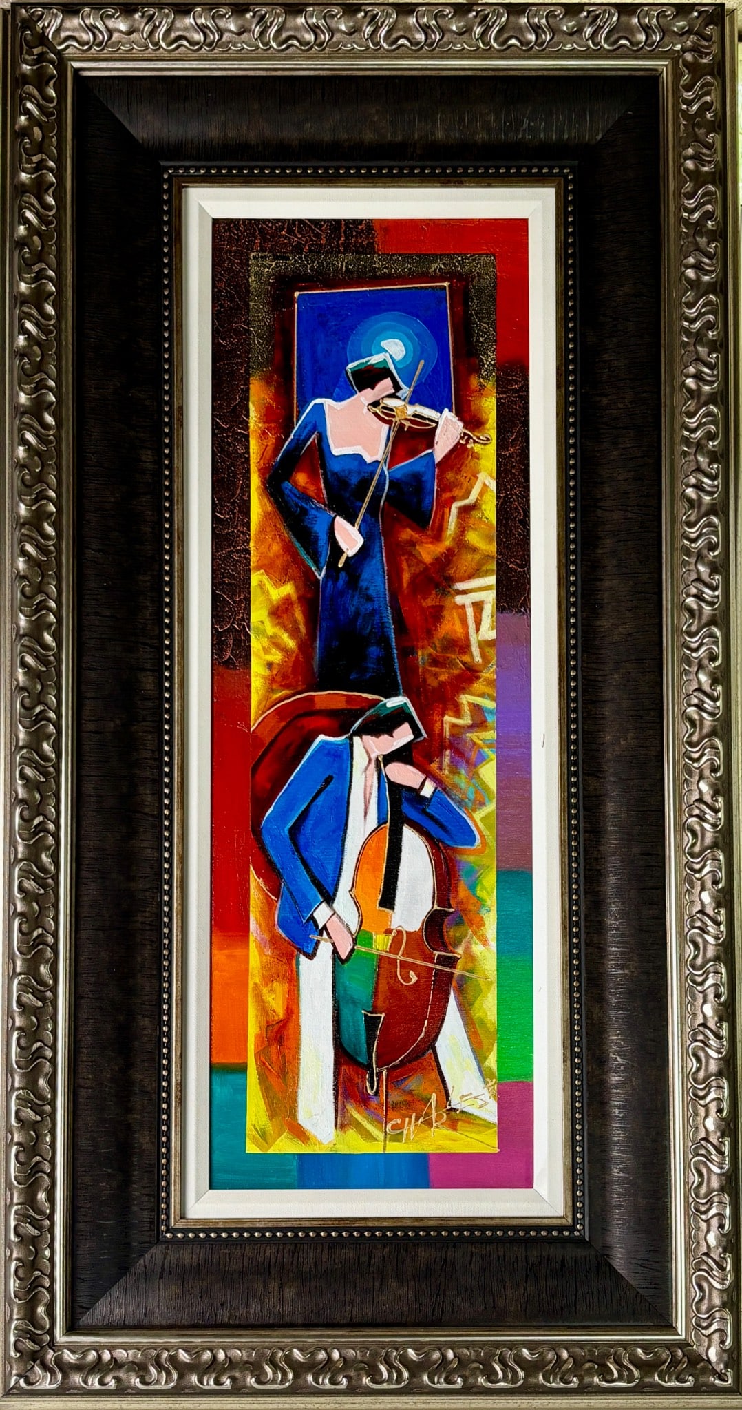Playing Under the Stars by Charles Lee Acrylic on Canvas: Original acrylic on canvas painting titled 'Playing Under the Stars' by Charles Lee. Features a vibrant depiction of two musicians, a violinist and a cellist, in an abstract style with bold colors. Si