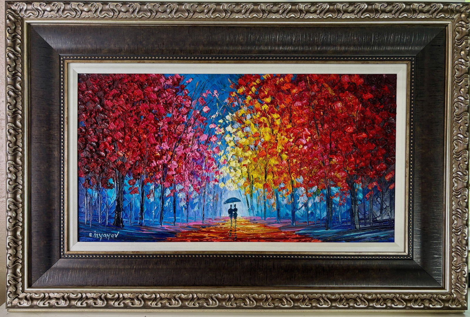 Ilyalev Slava 'Witnesses of the Stary Night' Oil on Canvas: Oil on canvas painting titled 'Witnesses of the Stary Night' by Ilyalev Slava. The artwork features thick impasto-style textured colorful trees with a central path and a silhouetted couple under an um