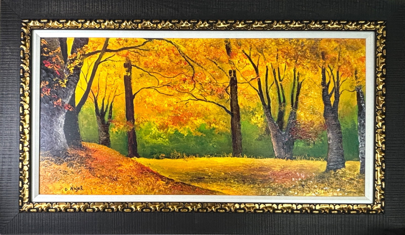Start of Fall Embellished Giclee on Canvas by David Najar: Start of Fall embellished giclee on canvas by David Najar. Depicts an autumn forest scene with vibrant yellow and orange foliage against a green background. Signed in the lower left corner. Presented 