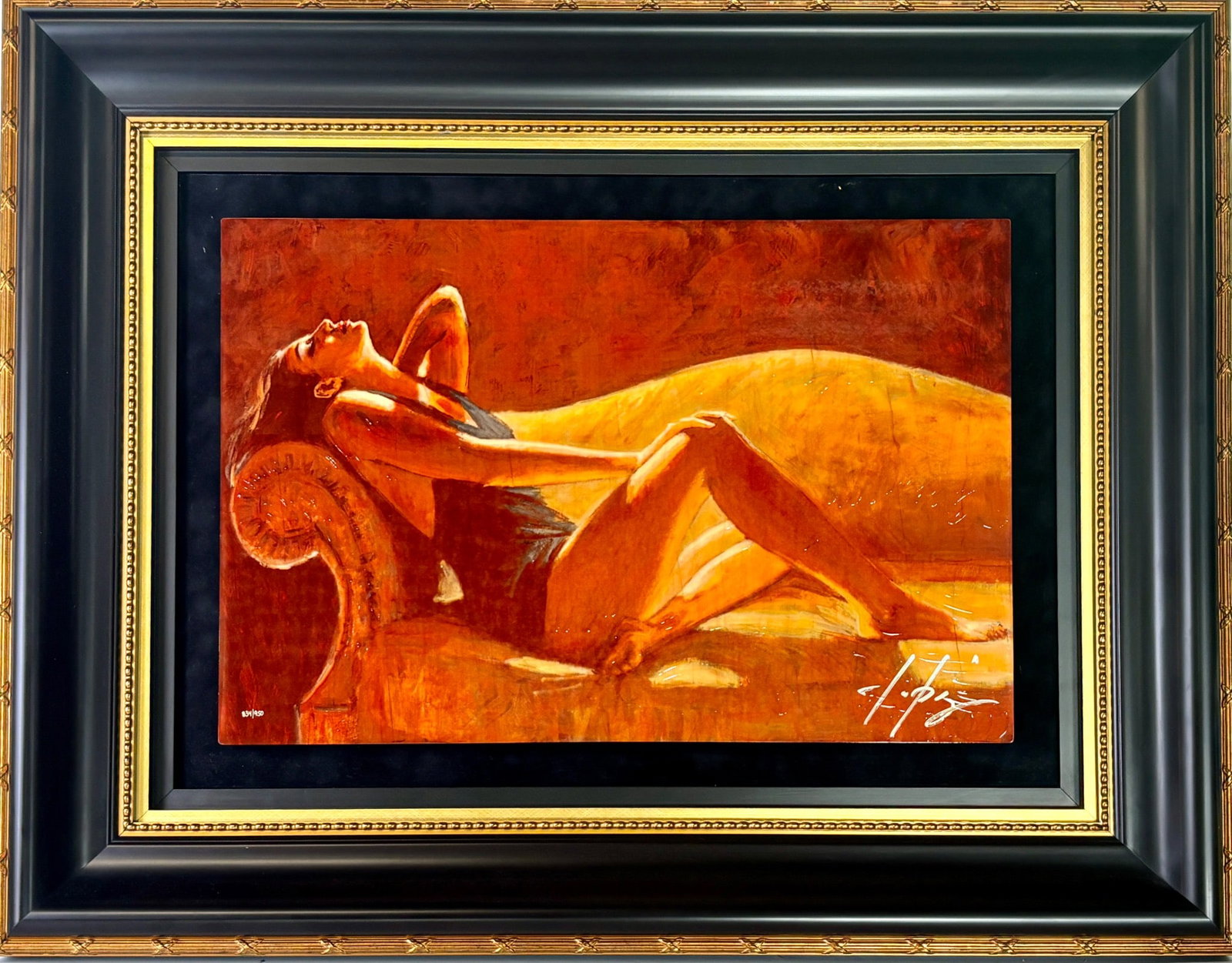 Fabian Perez Paola on the Caramel Couch Caldograph: Limited edition dye sublimation on wood titled ‘Paola on the Caramel Couch’ by Fabian Perez. Numbered 834 of 950 and signed by the artist in silver ink. Features a sensual reclining figure in warm