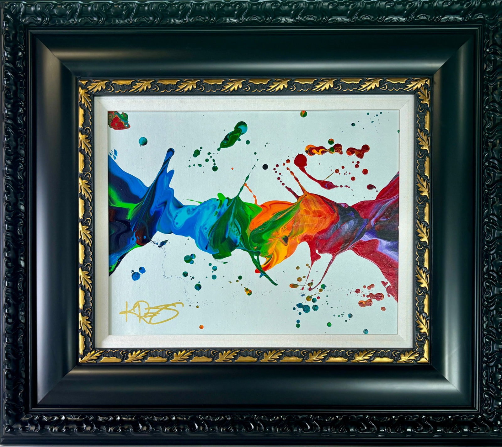 Kre8 Vivid River Acrylic Canvas on Board Unique: Kre8 Vivid River abstract artwork in acrylic on canvas mounted on board. Displays a vibrant spectrum of hues and dynamic movement. Signed by the artist in gold in the lower left. Set within a black an
