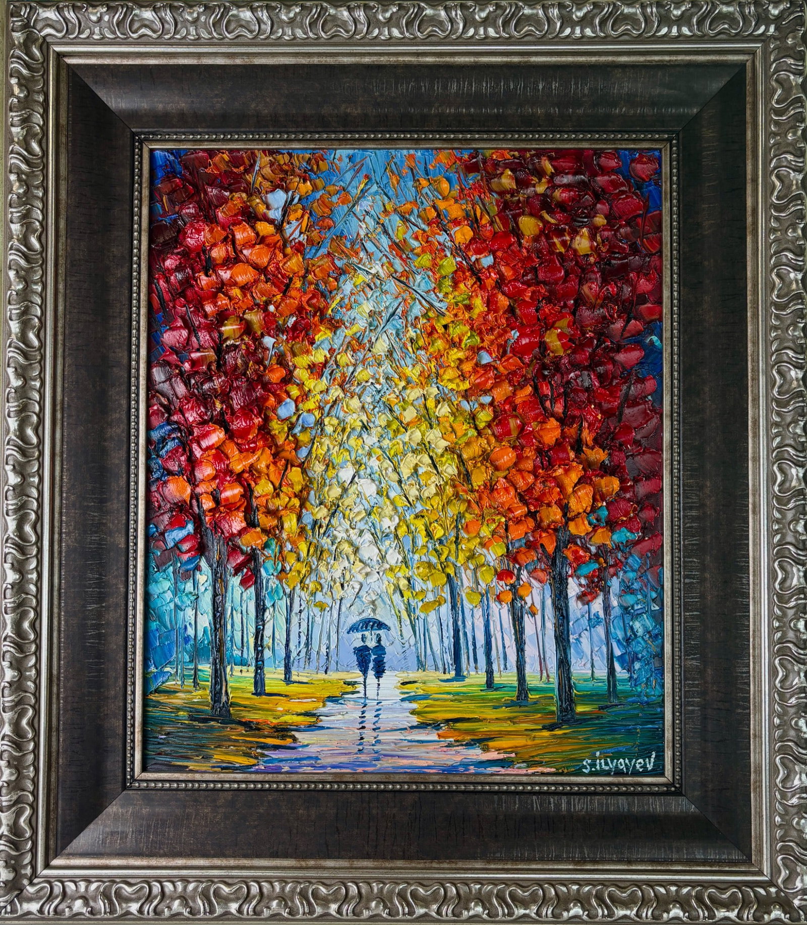 Ilyayev Slava Where Our Dreams Come True Oil on Canvas: Original oil on canvas titled 'Where Our Dreams Come True' by Ilyayev Slava. Features a vibrant, heavily textured depiction of a tree-lined pathway in autumn colors, with two figures walking under an 