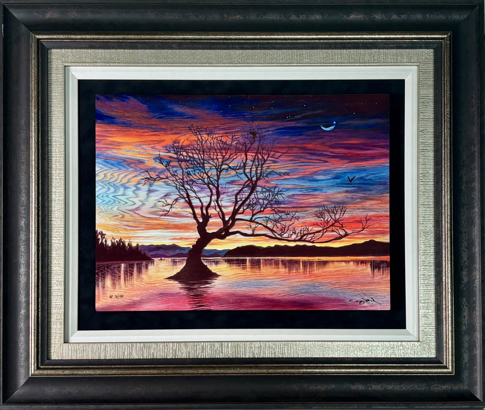 The Coming Day AP Caldograph by Matt Beyrer: Dye sublimation on wood artwork titled ‘The Coming Day’ by Matt Beyrer. Depicts a vibrant sunset scene with a silhouetted tree, crescent moon, and bird, rendered with fine details and vivid colors