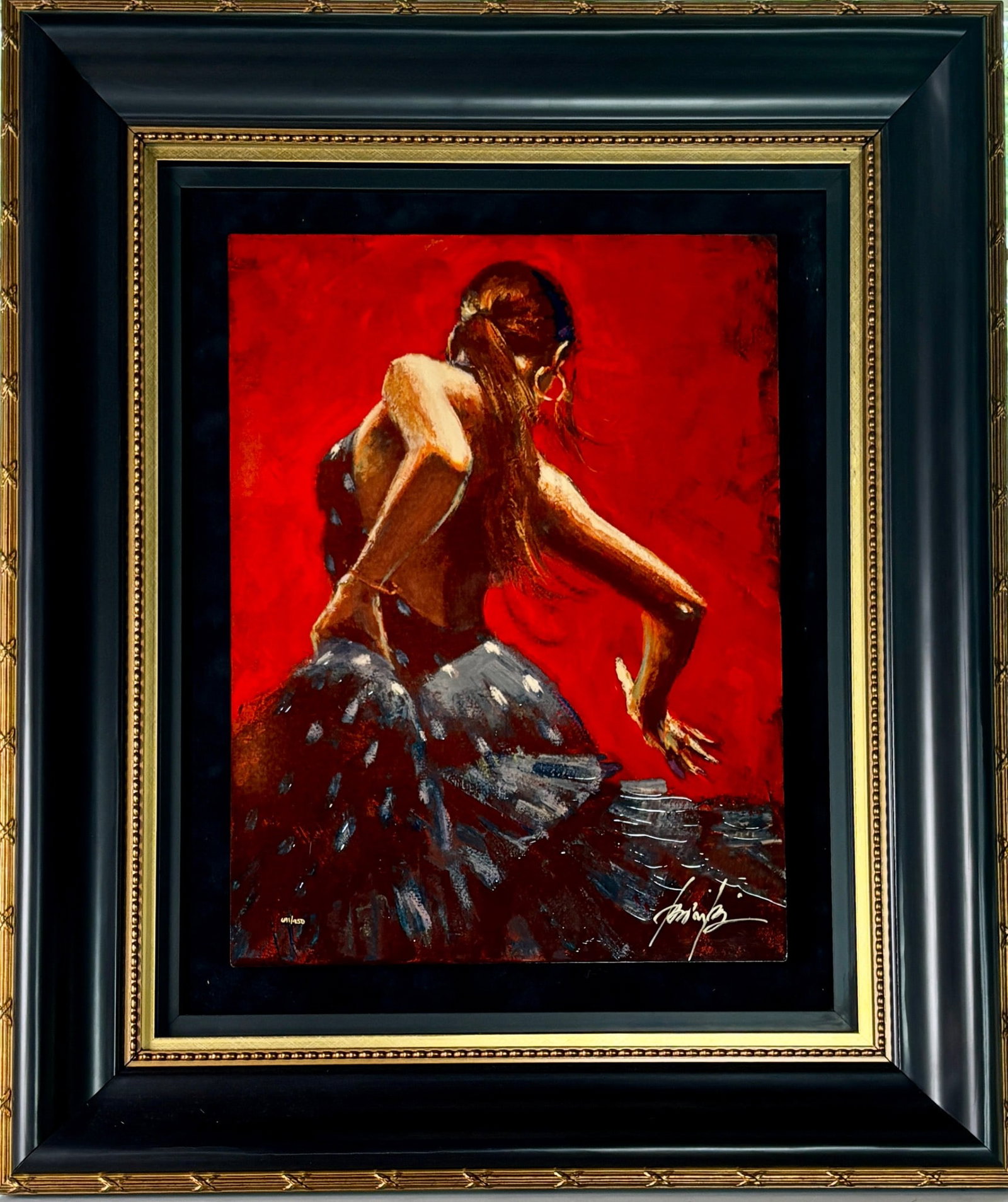 Dancer in Red with Bracelet by Fabian Perez Caldograph: Limited edition artwork titled ‘Dancer in Red with Bracelet’ by Fabian Perez. Numbered 69950, the art is created using dye sublimation on wood. Depicts a female dancer in dramatic movement against